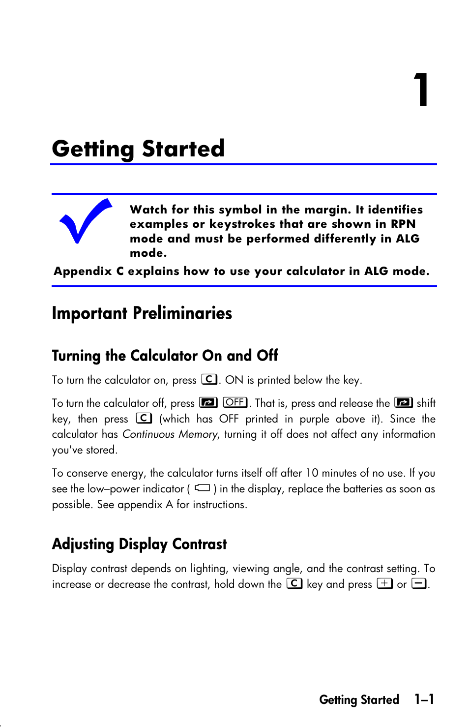 Getting started, Important preliminaries, Turning the calculator on and off | Adjusting display contrast | HP 33s User Manual | Page 17 / 387