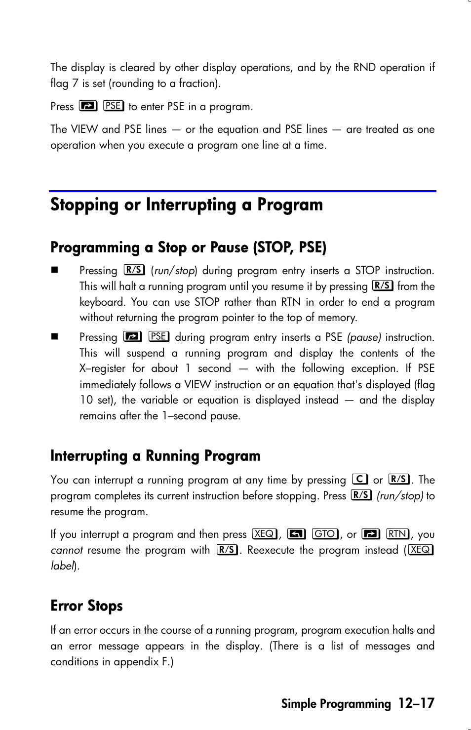 Stopping or interrupting a program, Programming a stop or pause (stop, pse), Interrupting a running program | Error stops | HP 33s User Manual | Page 175 / 387