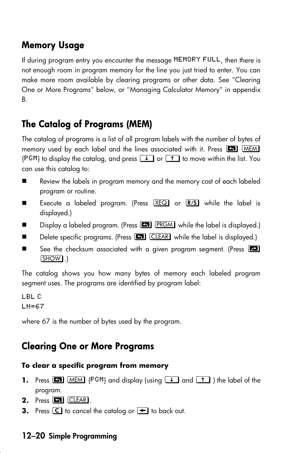 Memory usage, The catalog of programs (mem), Clearing one or more programs | HP 33s User Manual | Page 178 / 387