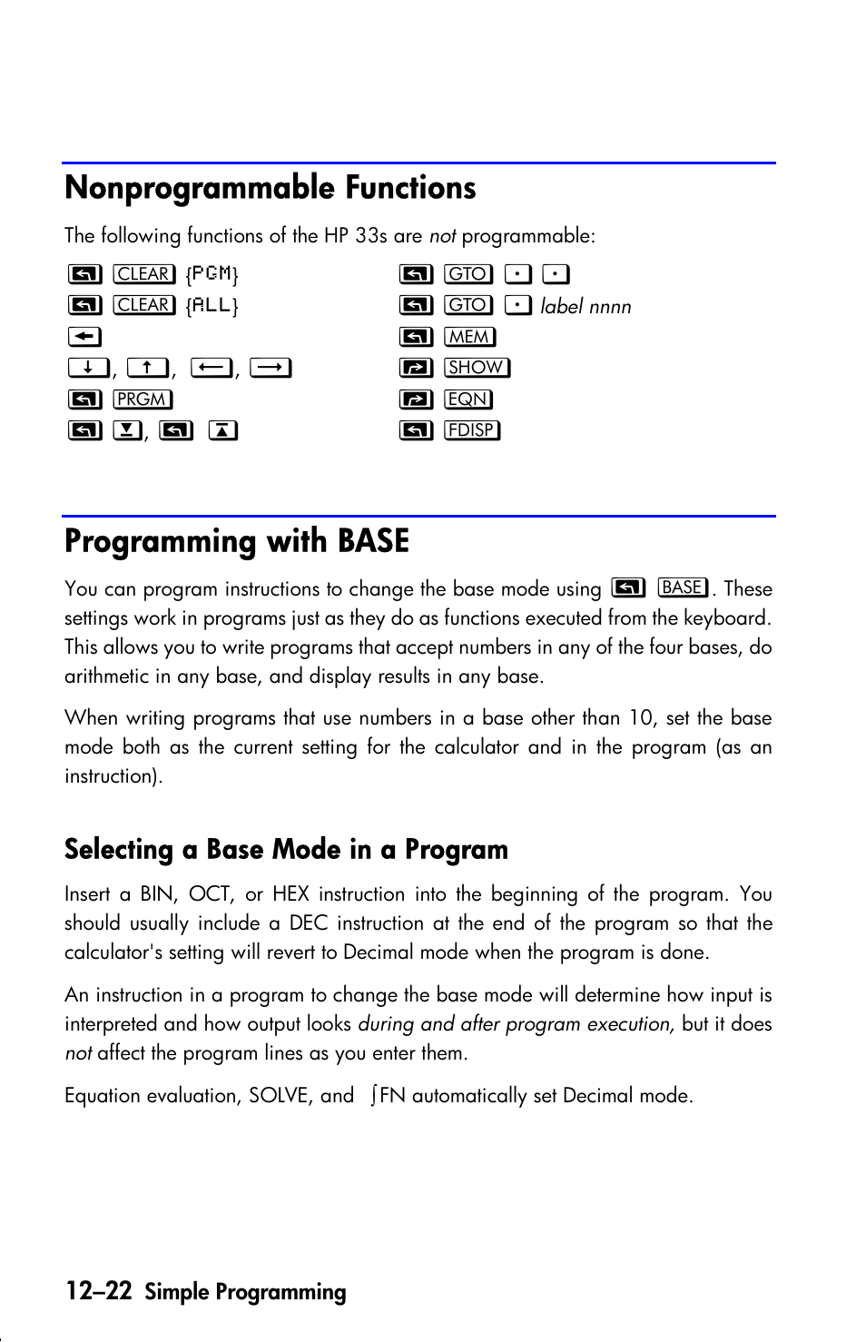 Nonprogrammable functions, Programming with base, Selecting a base mode in a program | HP 33s User Manual | Page 180 / 387