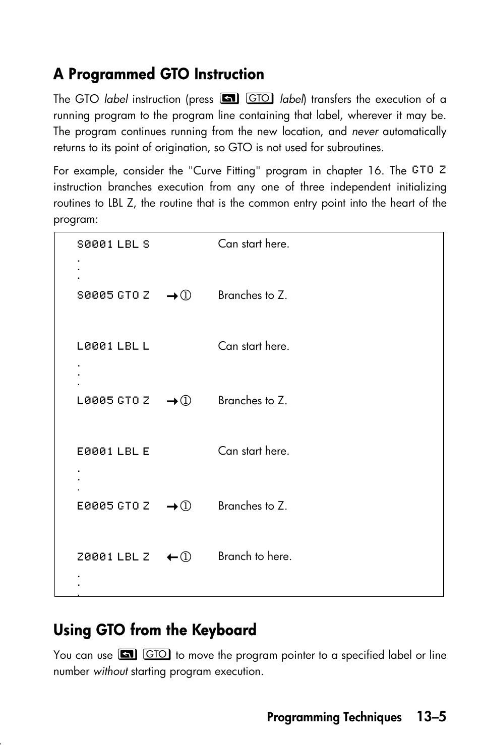 A programmed gto instruction, Using gto from the keyboard | HP 33s User Manual | Page 189 / 387