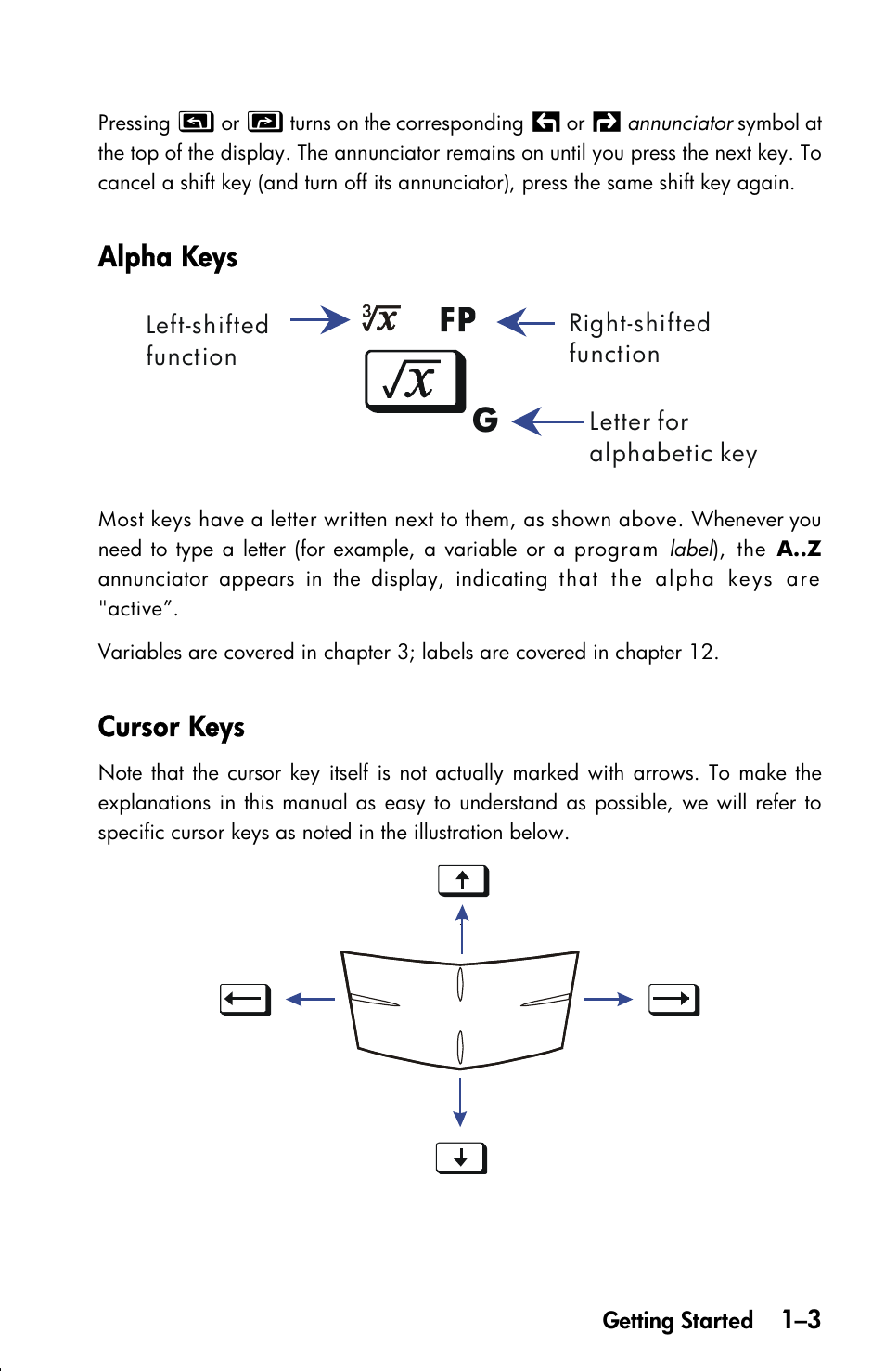 Alpha keys, Cursor keys | HP 33s User Manual | Page 19 / 387