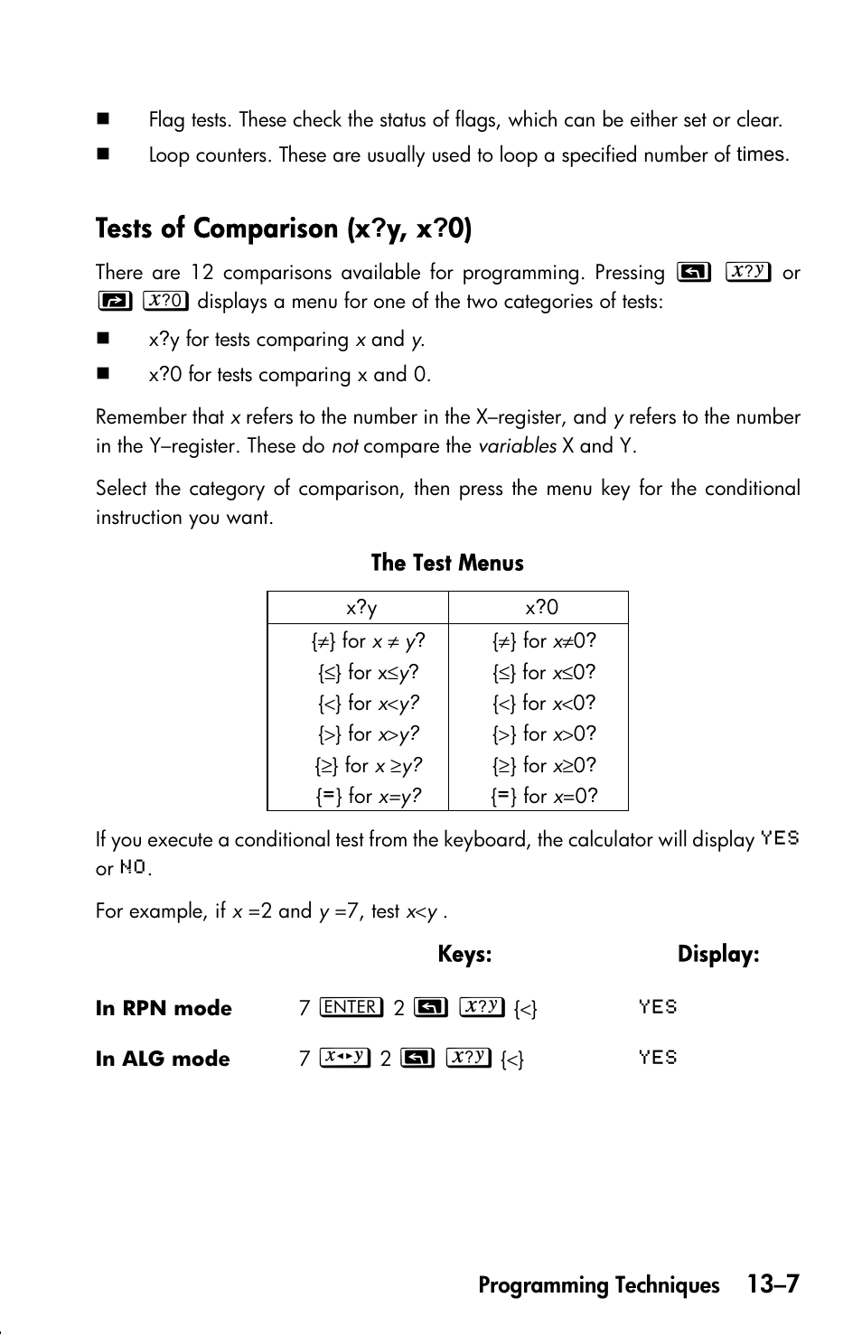 Tests of comparison (x?y, x?0) | HP 33s User Manual | Page 191 / 387