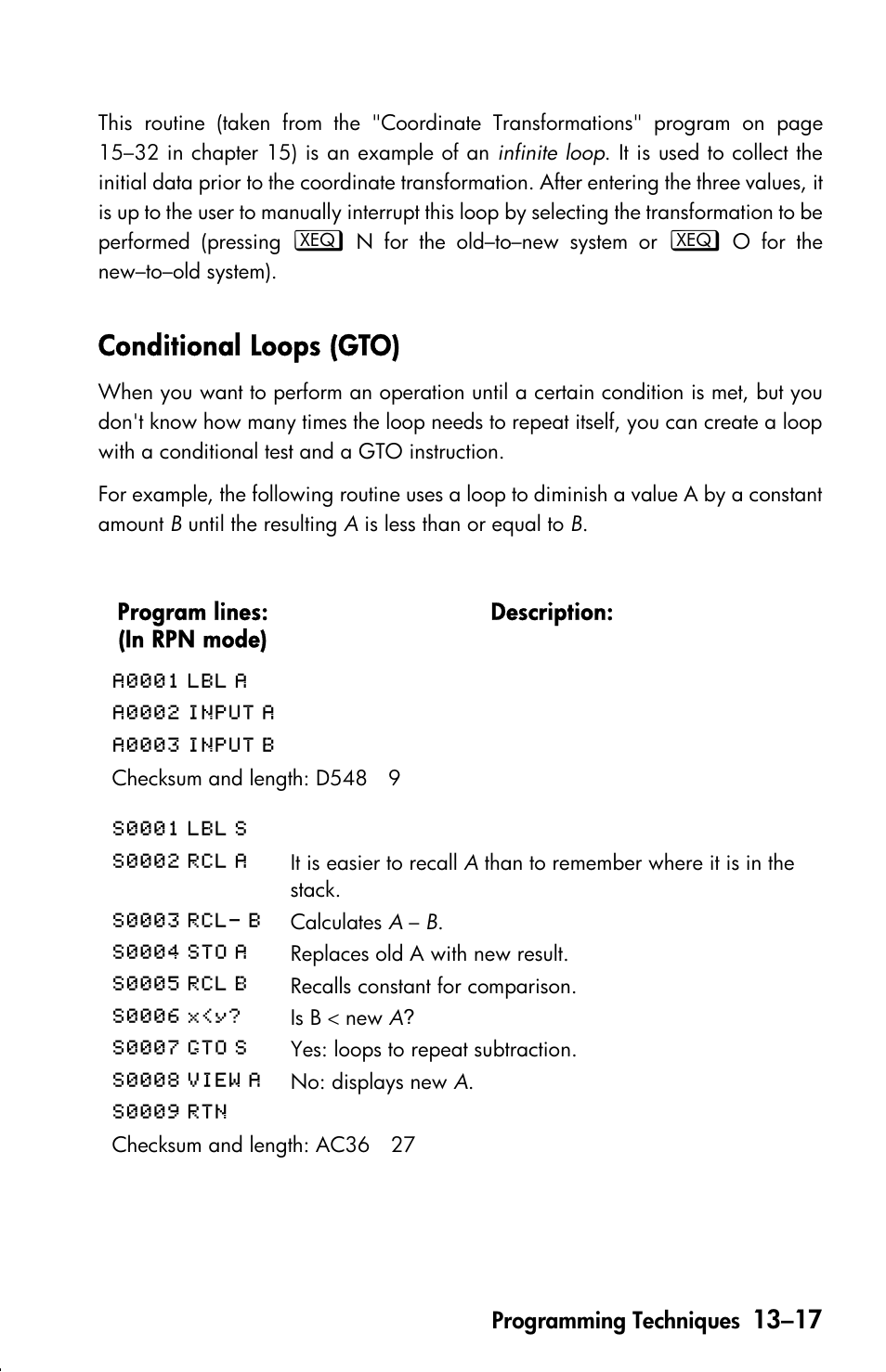 Conditional loops (gto) | HP 33s User Manual | Page 201 / 387