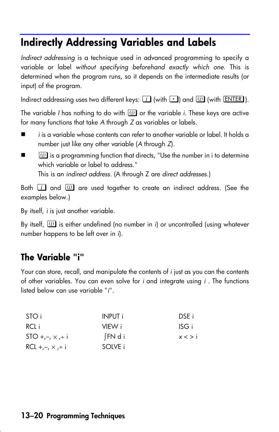 Indirectly addressing variables and labels, The variable "i | HP 33s User Manual | Page 204 / 387