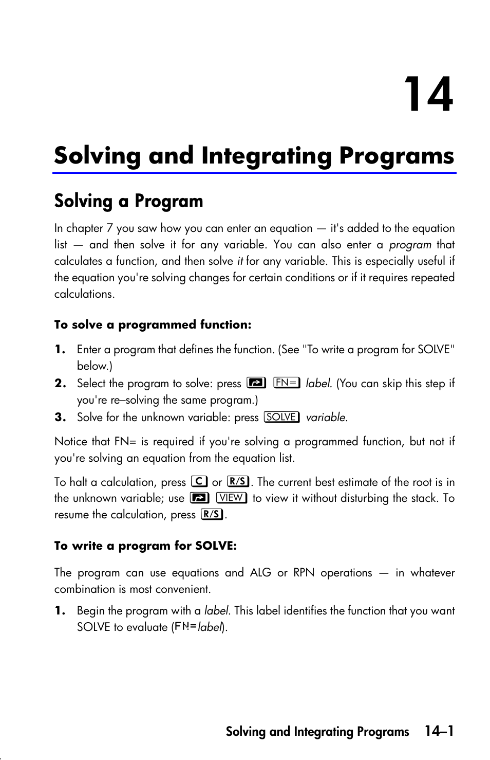 Solving and integrating programs, Solving a program | HP 33s User Manual | Page 211 / 387