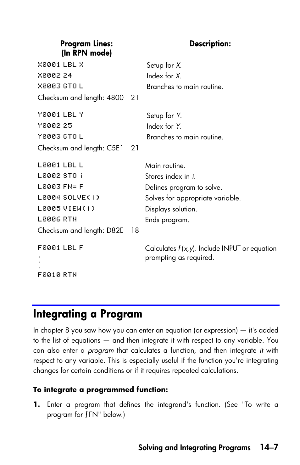 Integrating a program | HP 33s User Manual | Page 217 / 387