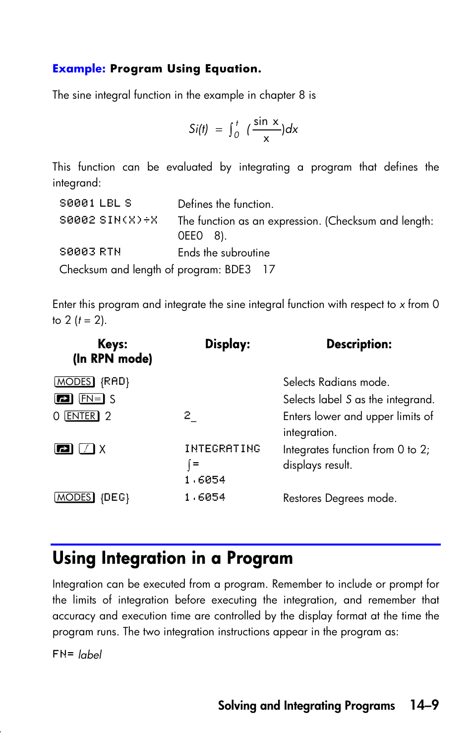 Using integration in a program | HP 33s User Manual | Page 219 / 387