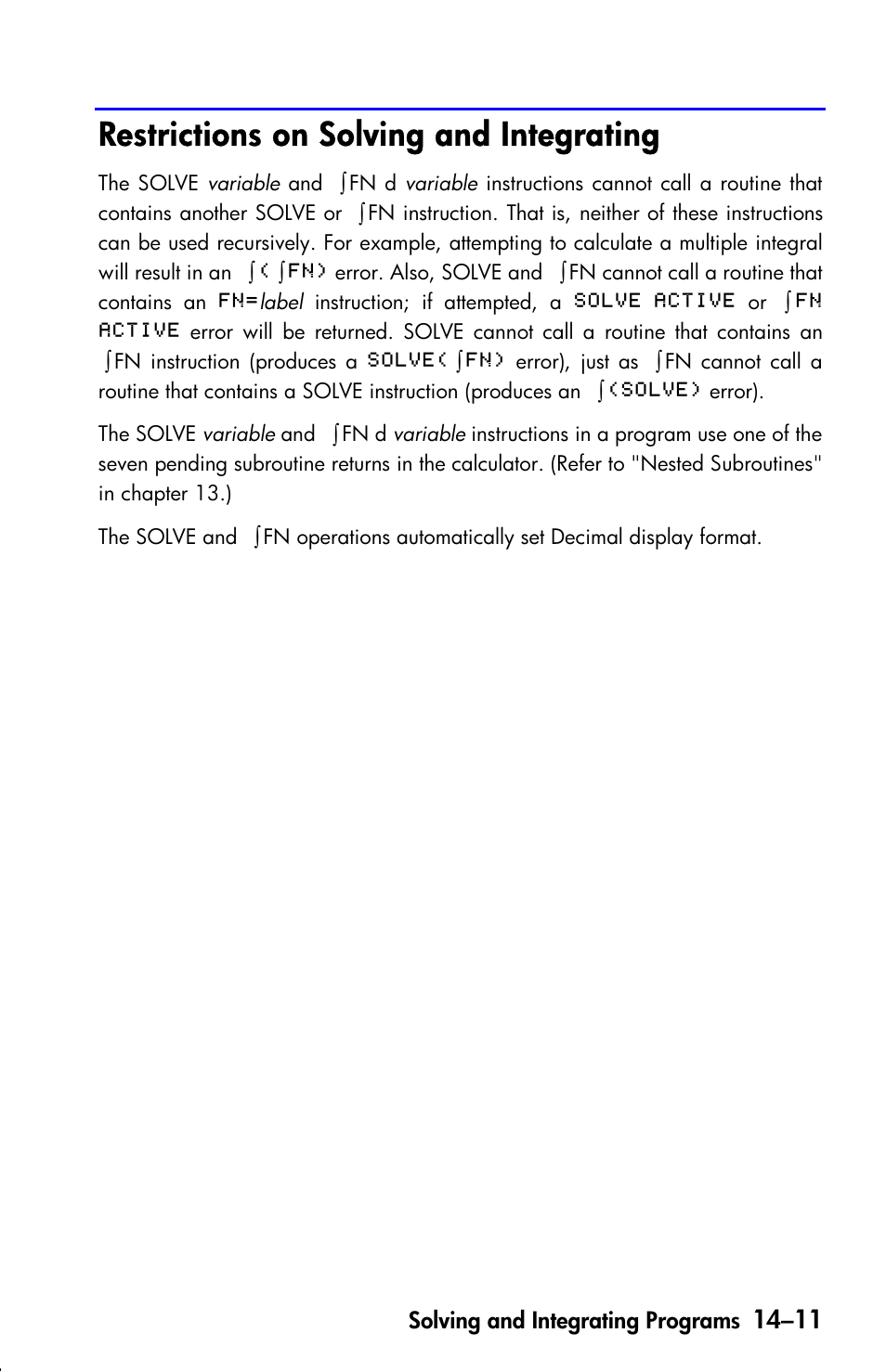 Restrictions on solving and integrating | HP 33s User Manual | Page 221 / 387