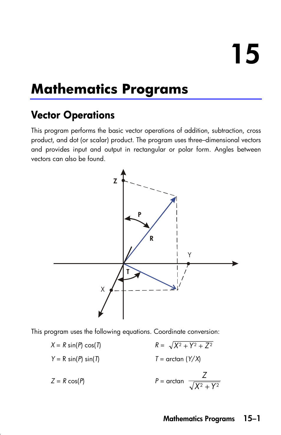 Mathematics programs, Vector operations | HP 33s User Manual | Page 223 / 387