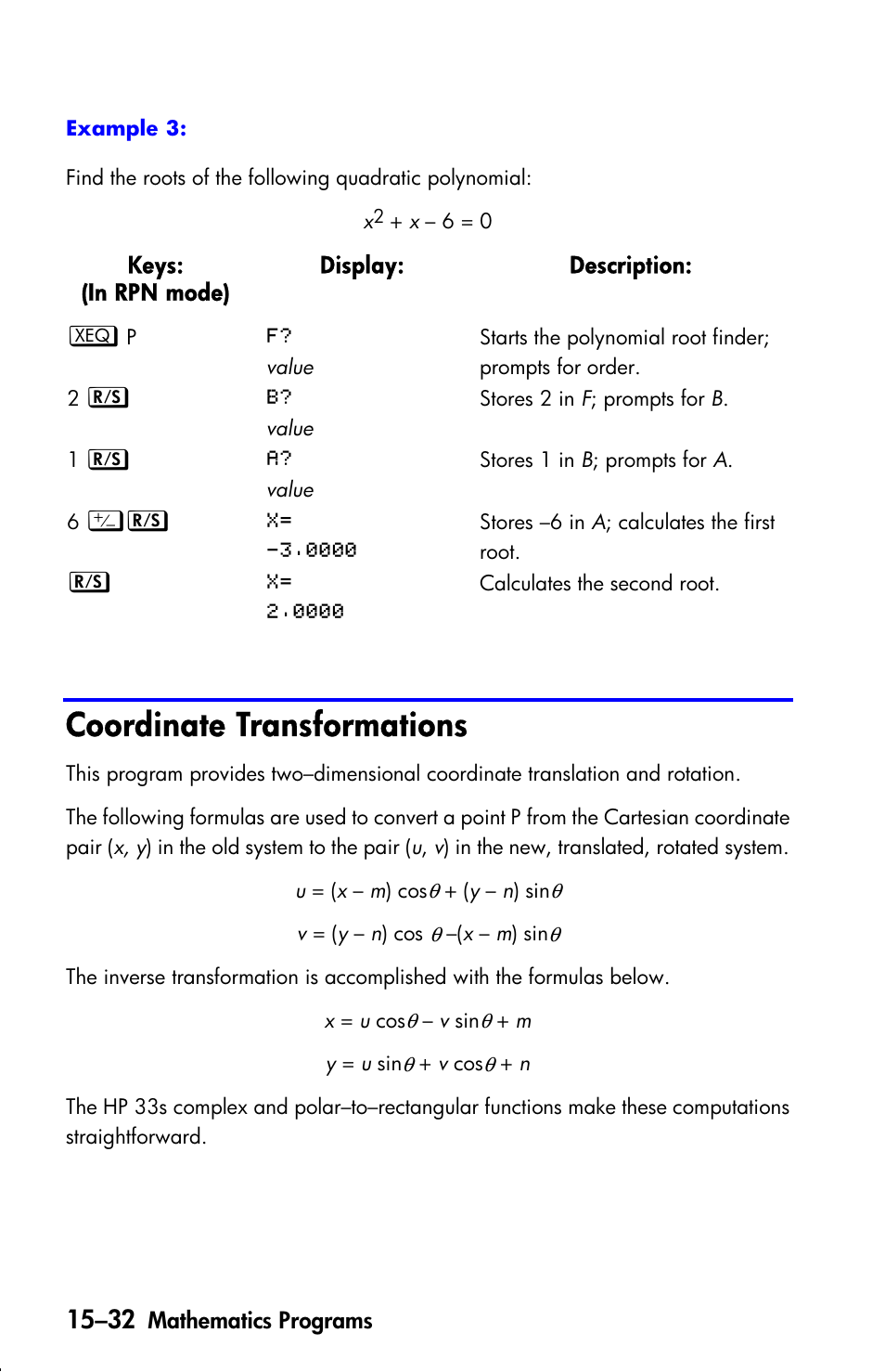 Coordinate transformations | HP 33s User Manual | Page 254 / 387