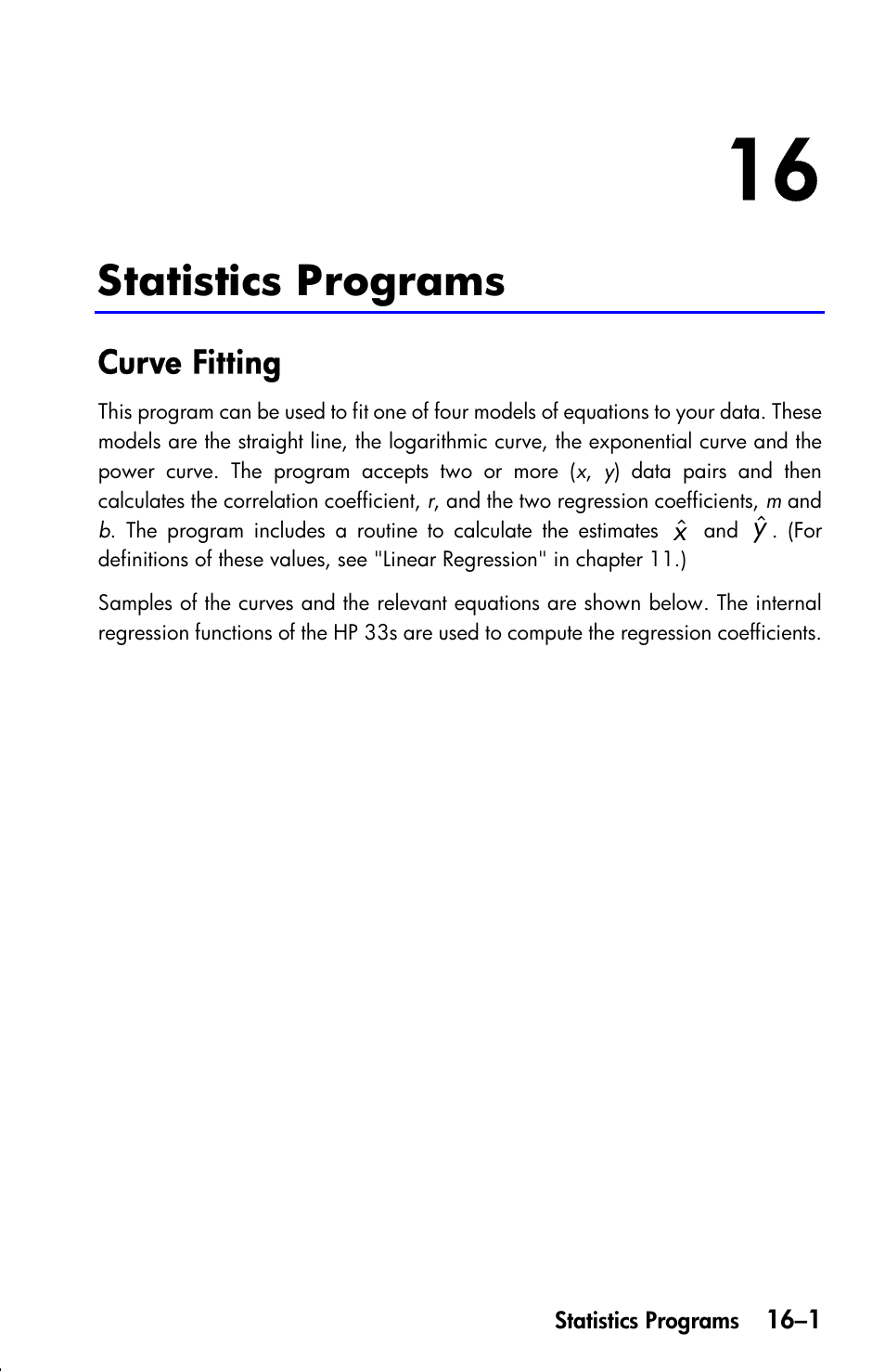Statistics programs, Curve fitting | HP 33s User Manual | Page 261 / 387