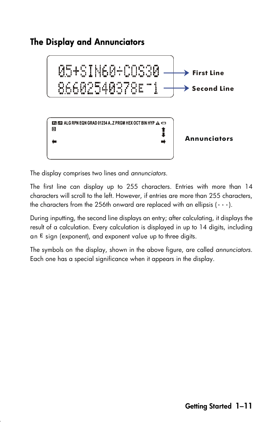 The display and annunciators | HP 33s User Manual | Page 27 / 387