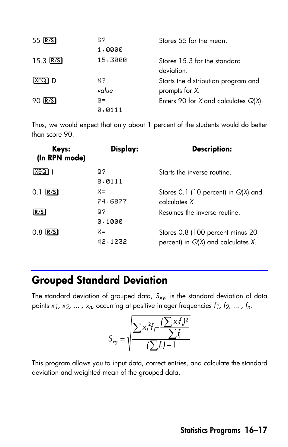 Grouped standard deviation | HP 33s User Manual | Page 277 / 387