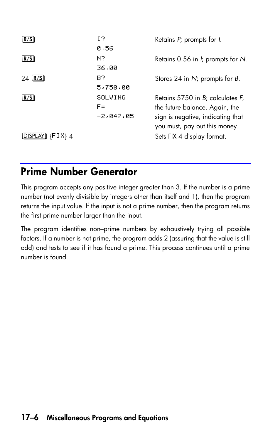 Prime number generator | HP 33s User Manual | Page 288 / 387