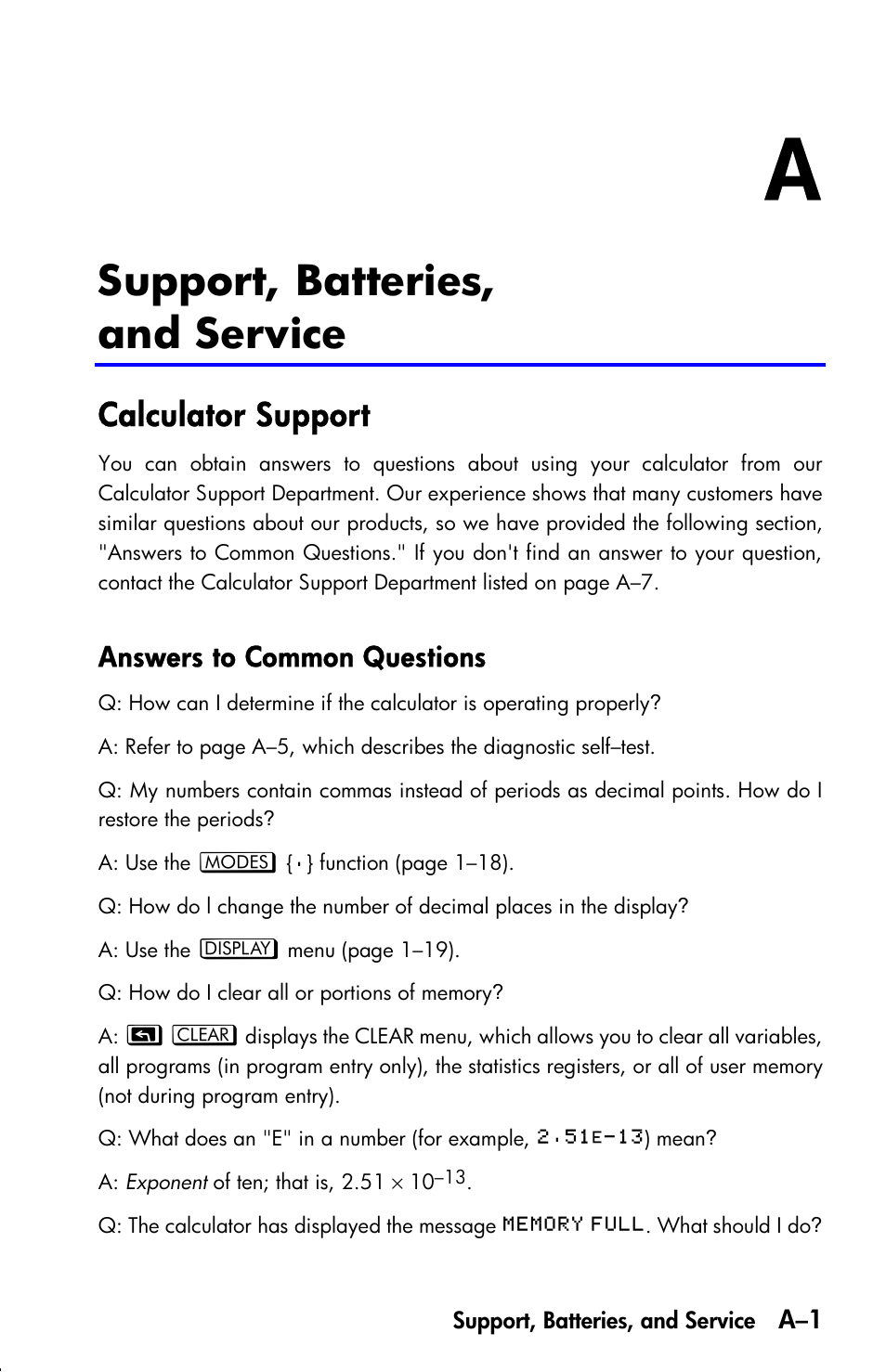 Support, batteries, and service, Calculator support, Answers to common questions | HP 33s User Manual | Page 295 / 387