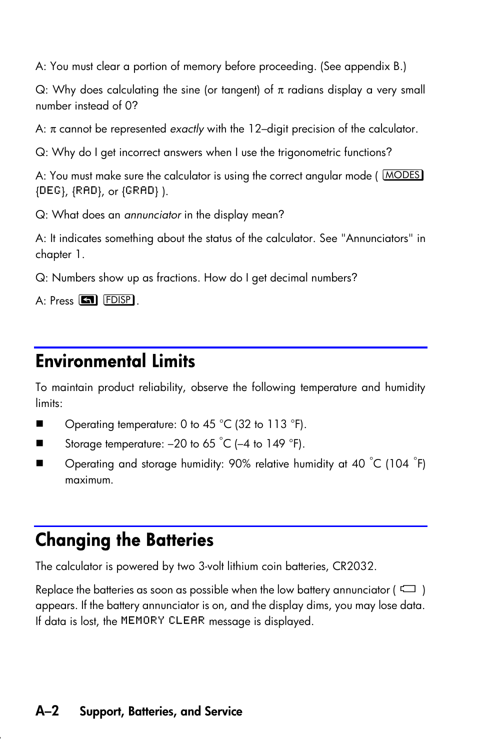 Environmental limits, Changing the batteries | HP 33s User Manual | Page 296 / 387