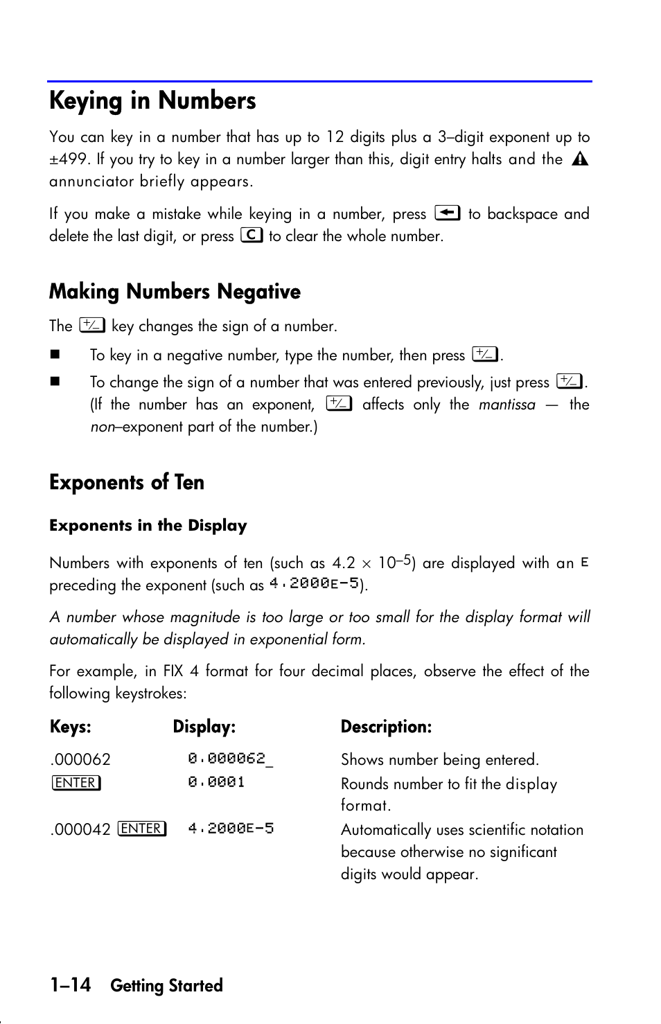 Keying in numbers, Making numbers negative, Exponents of ten | HP 33s User Manual | Page 30 / 387