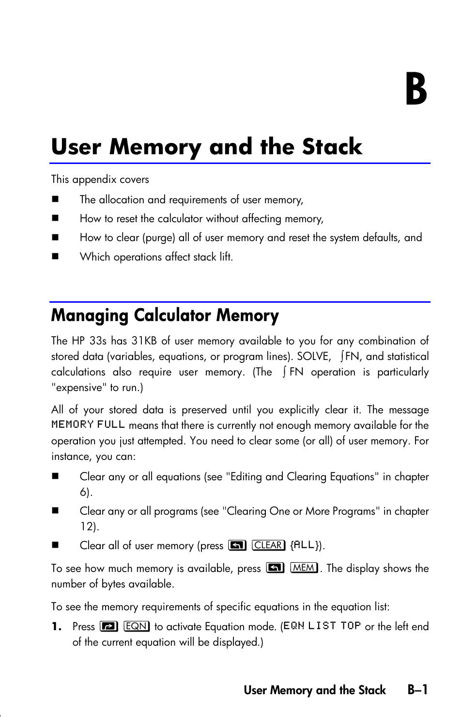 User memory and the stack, Managing calculator memory | HP 33s User Manual | Page 305 / 387