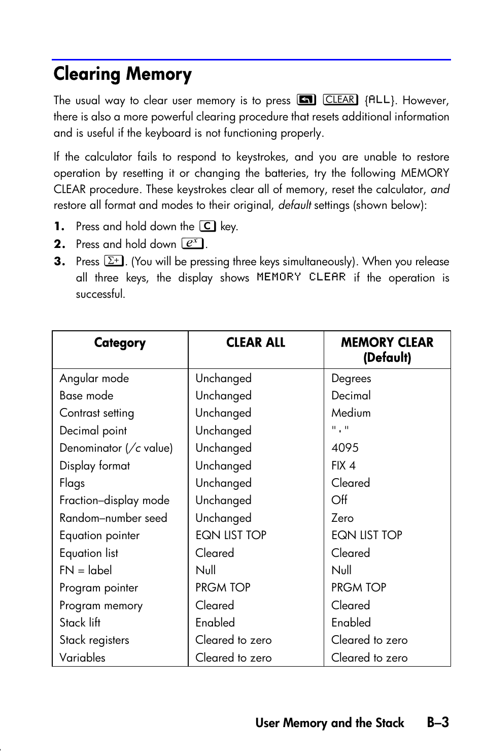 Clearing memory | HP 33s User Manual | Page 307 / 387