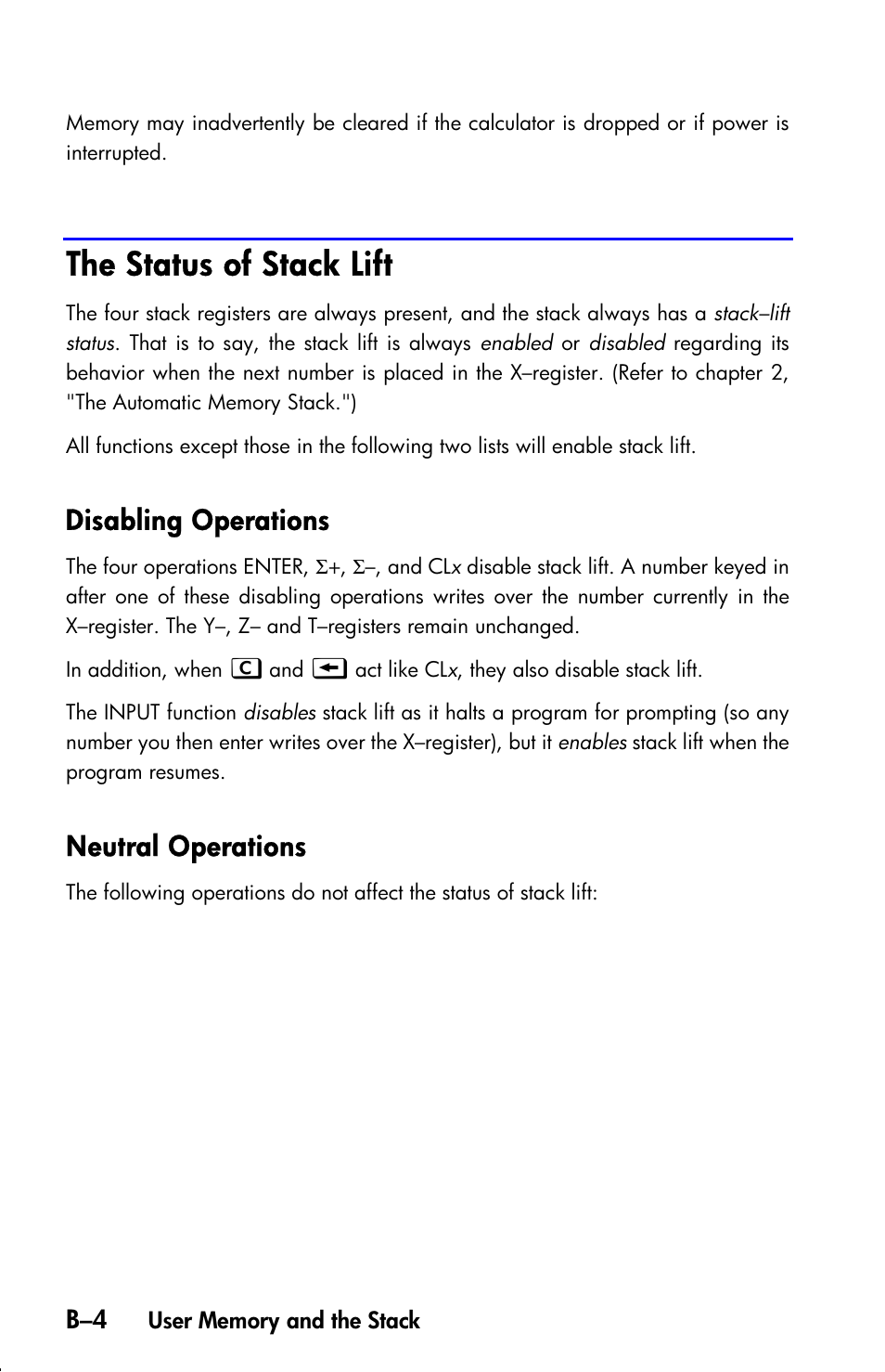 The status of stack lift, Disabling operations, Neutral operations | HP 33s User Manual | Page 308 / 387