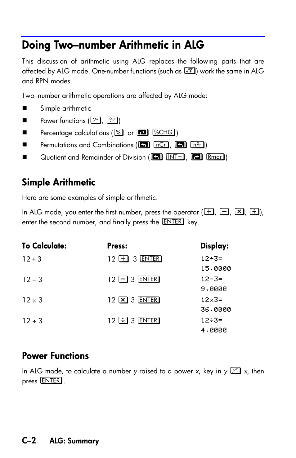 Doing two–number arithmetic in alg, Simple arithmetic, Power functions | HP 33s User Manual | Page 312 / 387