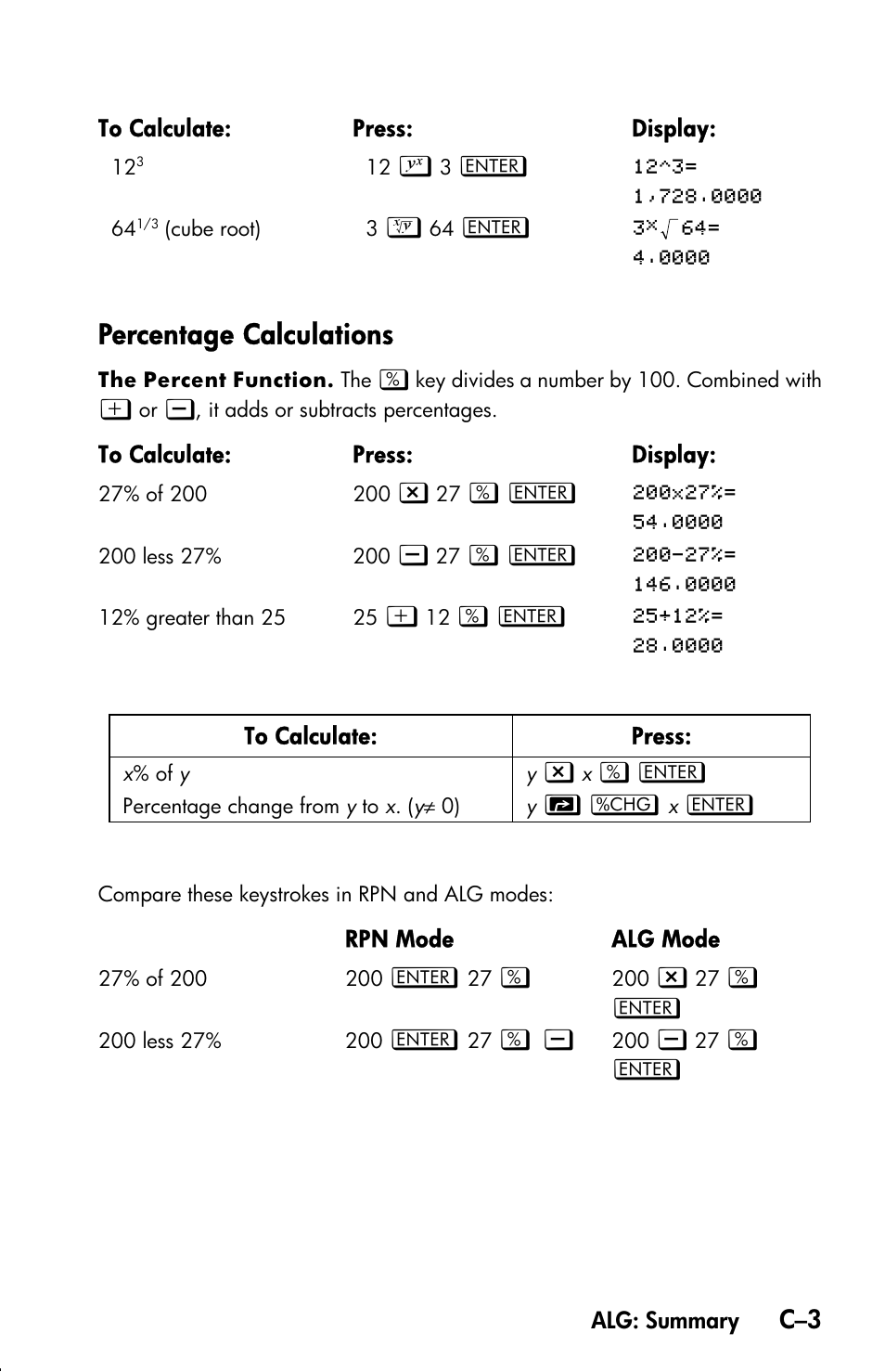 Percentage calculations | HP 33s User Manual | Page 313 / 387