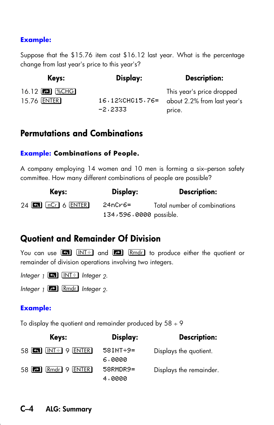 Permutations and combinations, Quotient and remainder of division | HP 33s User Manual | Page 314 / 387