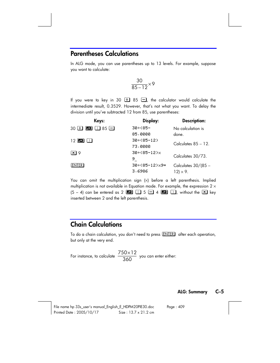 Parentheses calculations, Chain calculations | HP 33s User Manual | Page 315 / 387