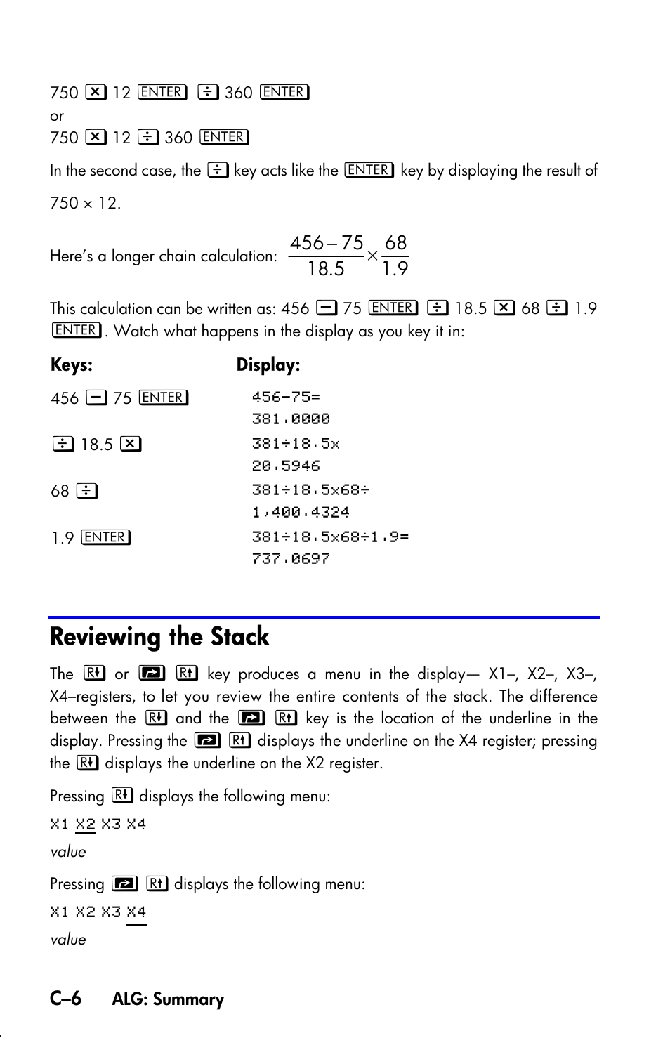 Reviewing the stack | HP 33s User Manual | Page 316 / 387