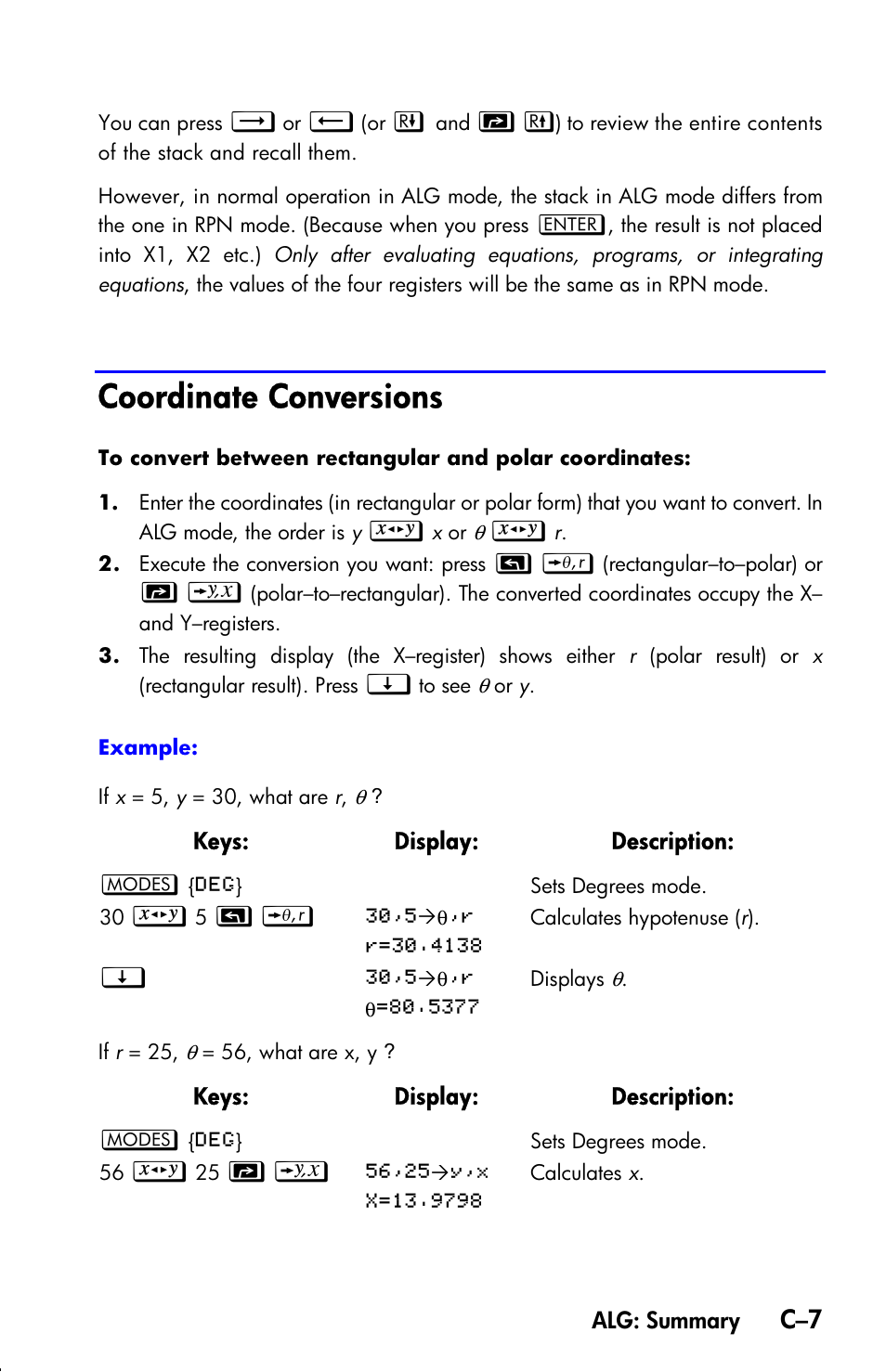 Coordinate conversions | HP 33s User Manual | Page 317 / 387