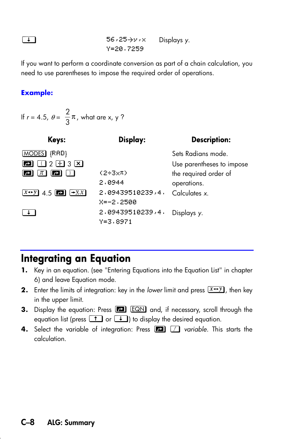 Integrating an equation | HP 33s User Manual | Page 318 / 387