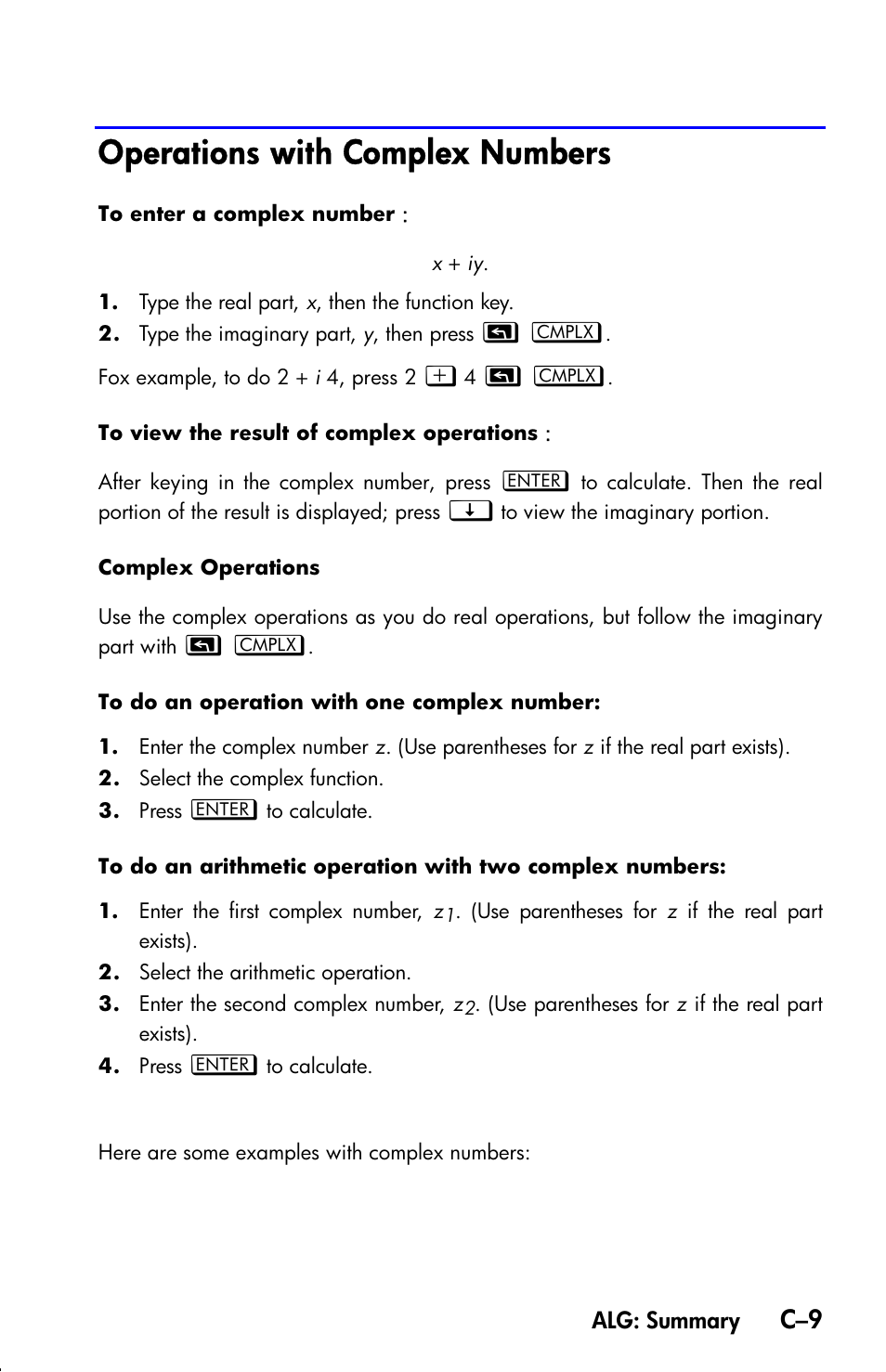 Operations with complex numbers | HP 33s User Manual | Page 319 / 387