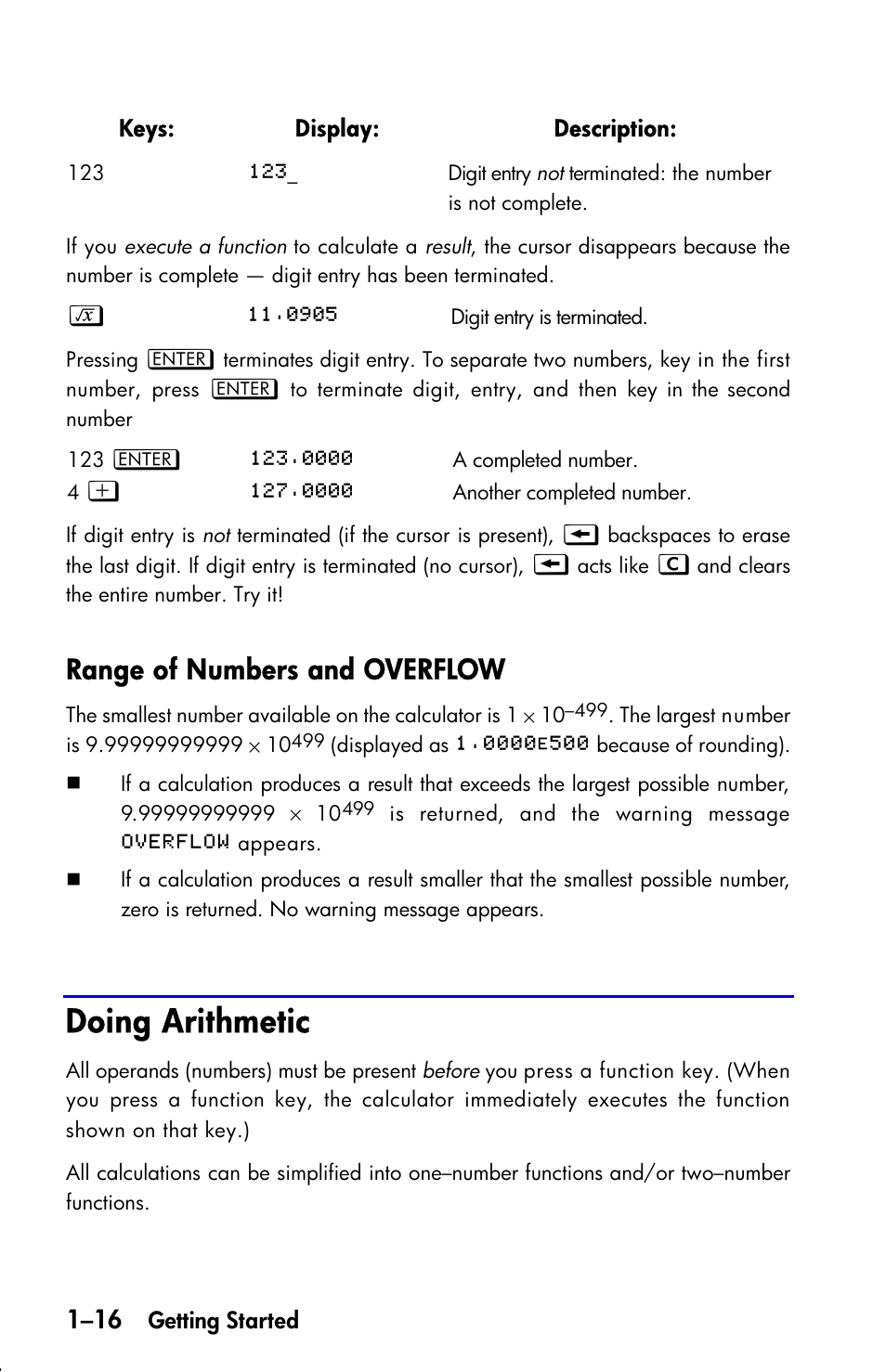 Range of numbers and overflow, Doing arithmetic | HP 33s User Manual | Page 32 / 387