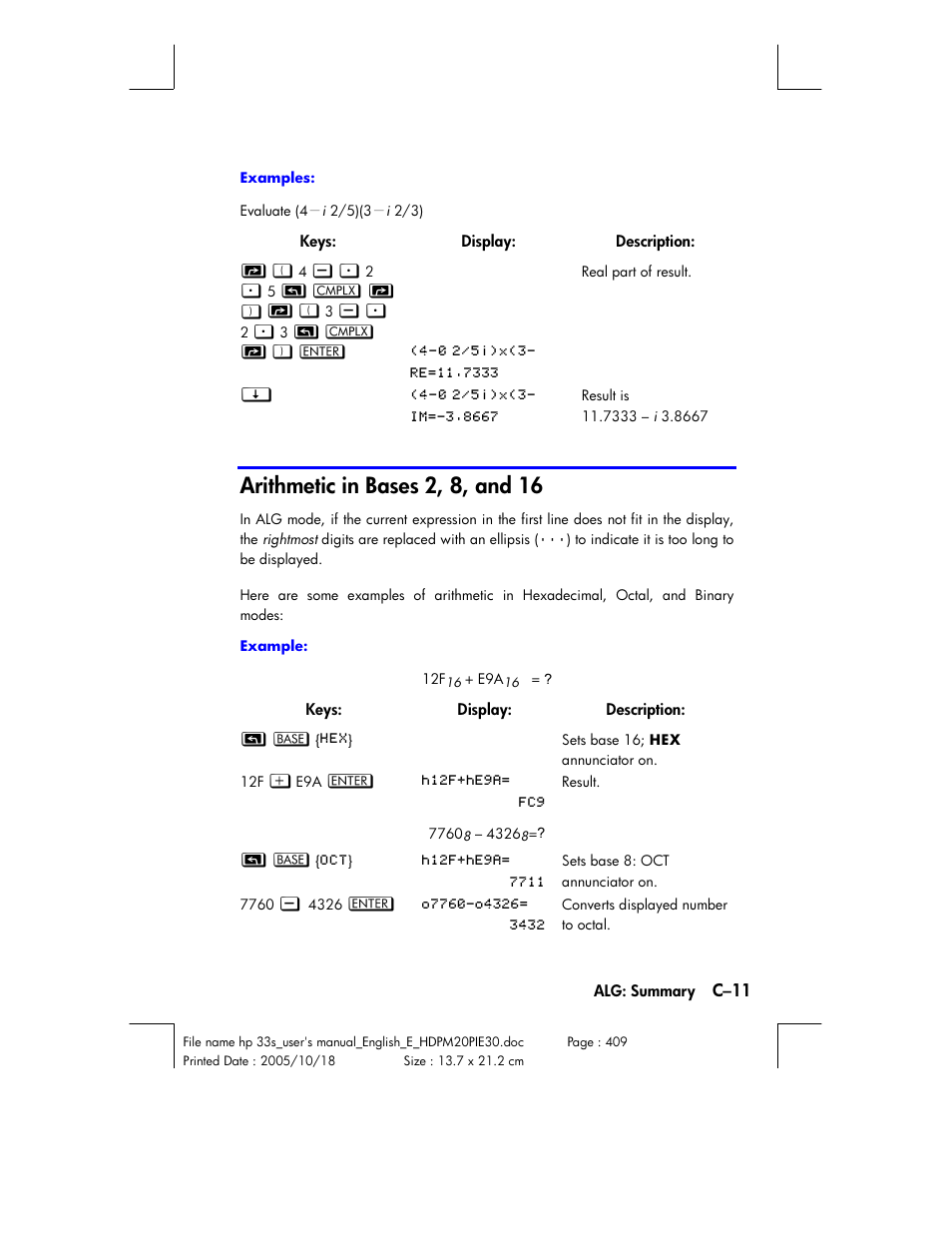 Arithmetic in bases 2, 8, and 16 | HP 33s User Manual | Page 321 / 387