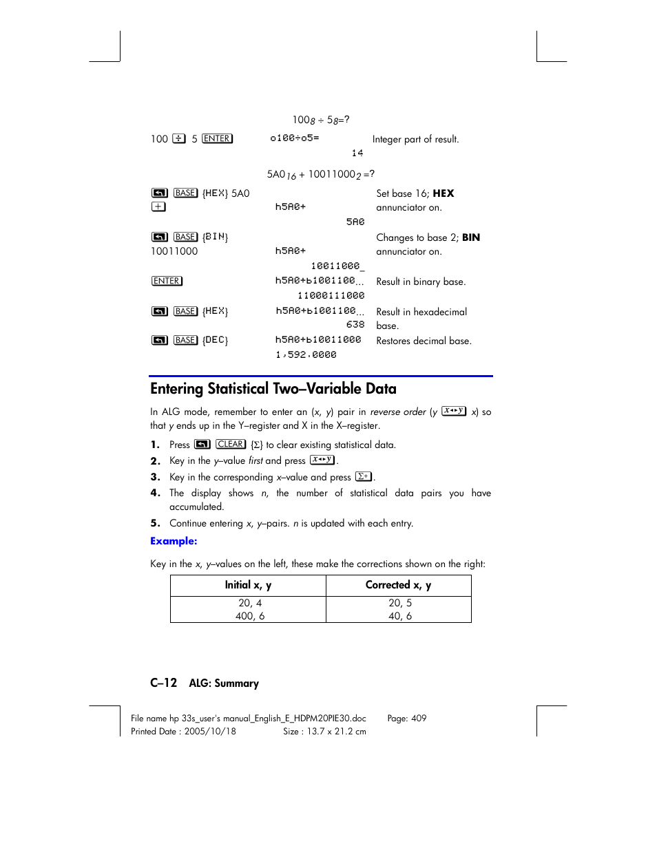 Entering statistical two–variable data, C–12 | HP 33s User Manual | Page 322 / 387