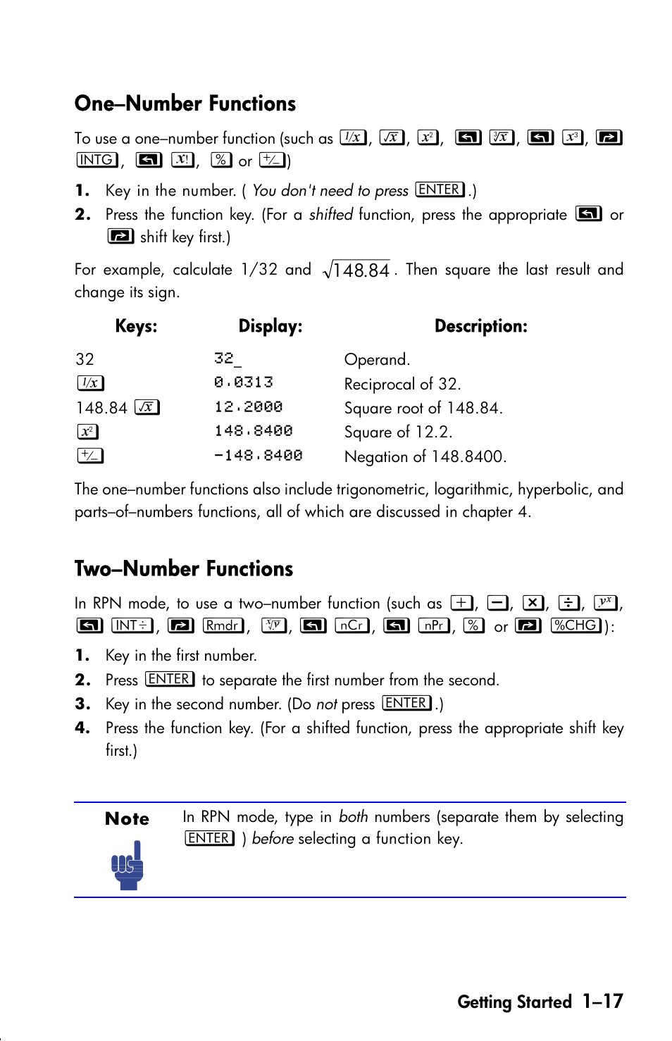 One–number functions, Two–number functions | HP 33s User Manual | Page 33 / 387