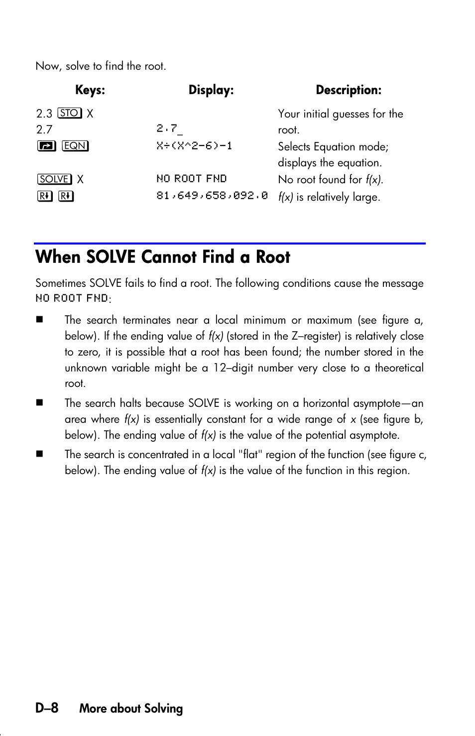 When solve cannot find a root | HP 33s User Manual | Page 332 / 387
