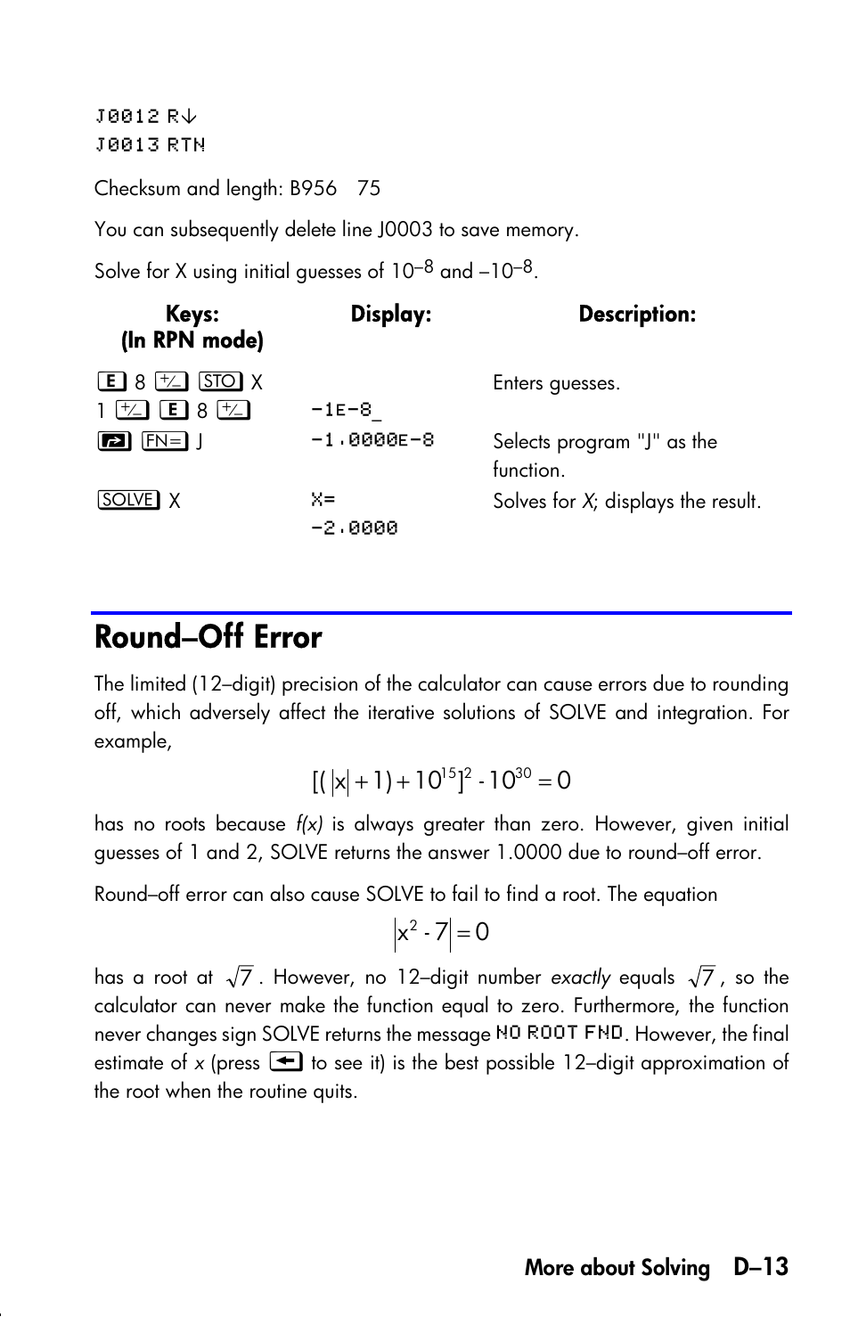 Round–off error, D–13 | HP 33s User Manual | Page 337 / 387