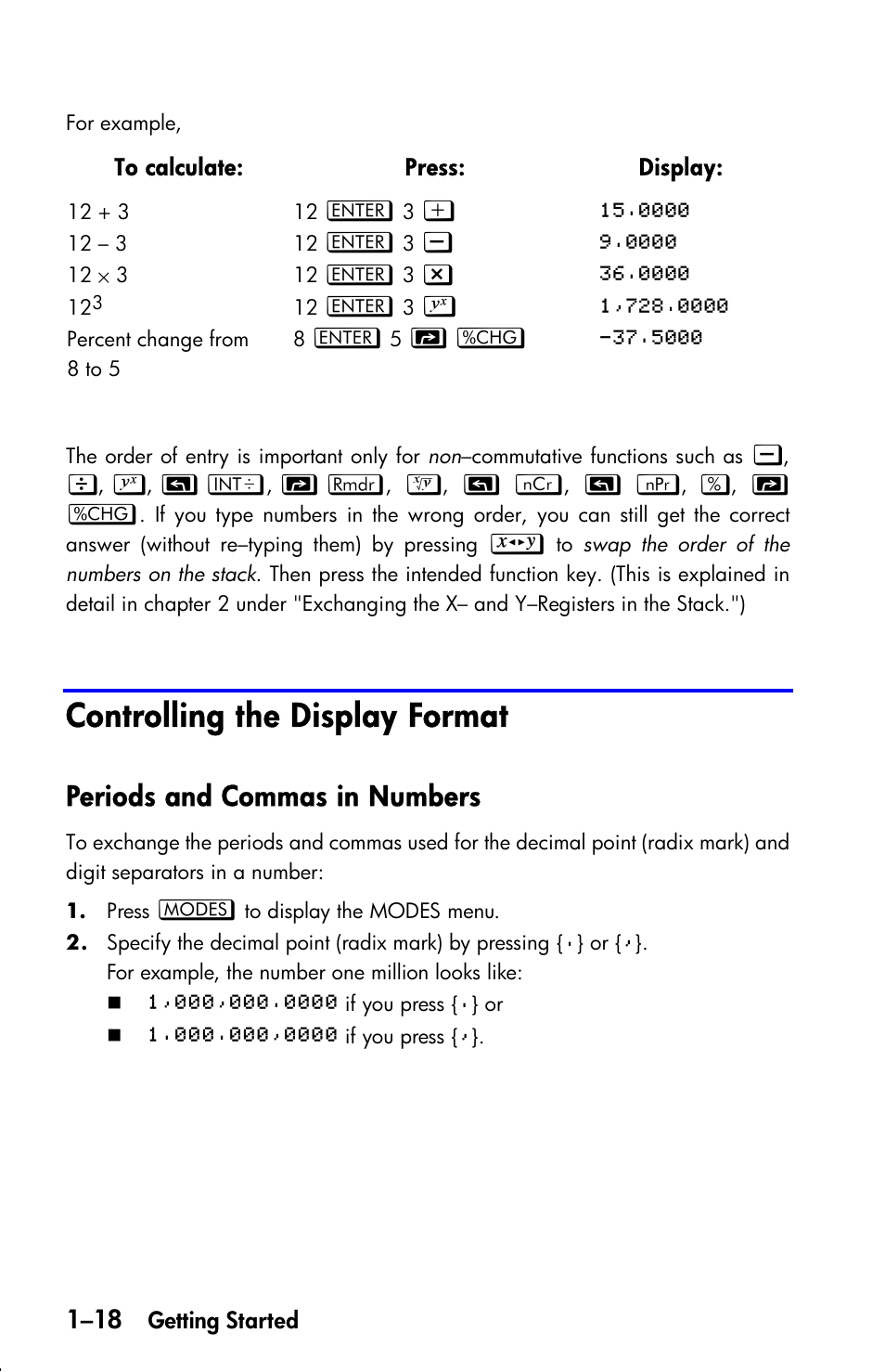 Controlling the display format, Periods and commas in numbers | HP 33s User Manual | Page 34 / 387