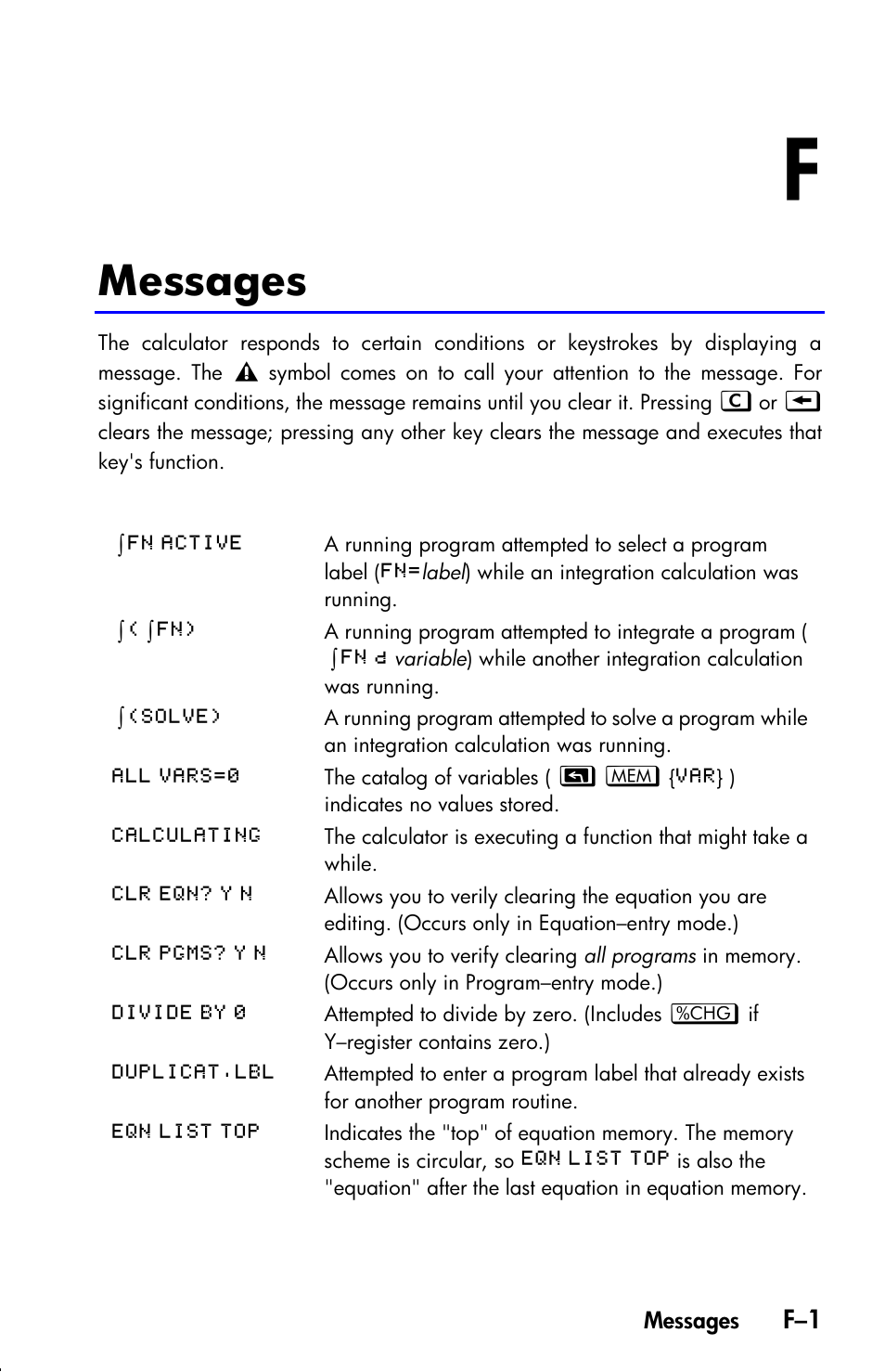 Messages | HP 33s User Manual | Page 349 / 387