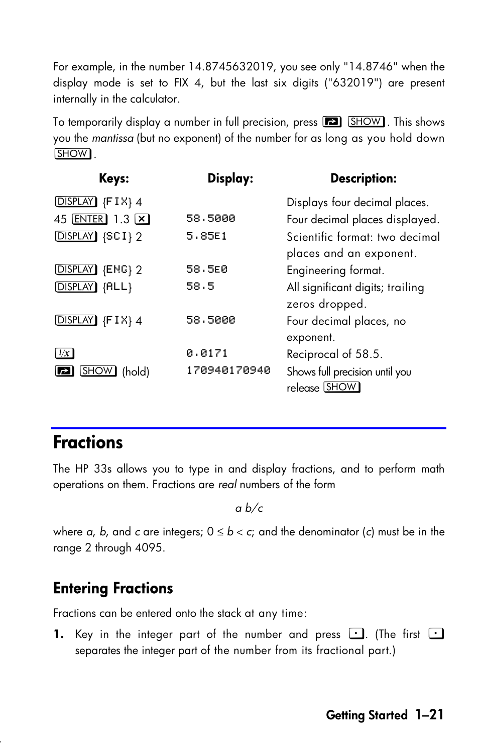 Fractions, Entering fractions | HP 33s User Manual | Page 37 / 387