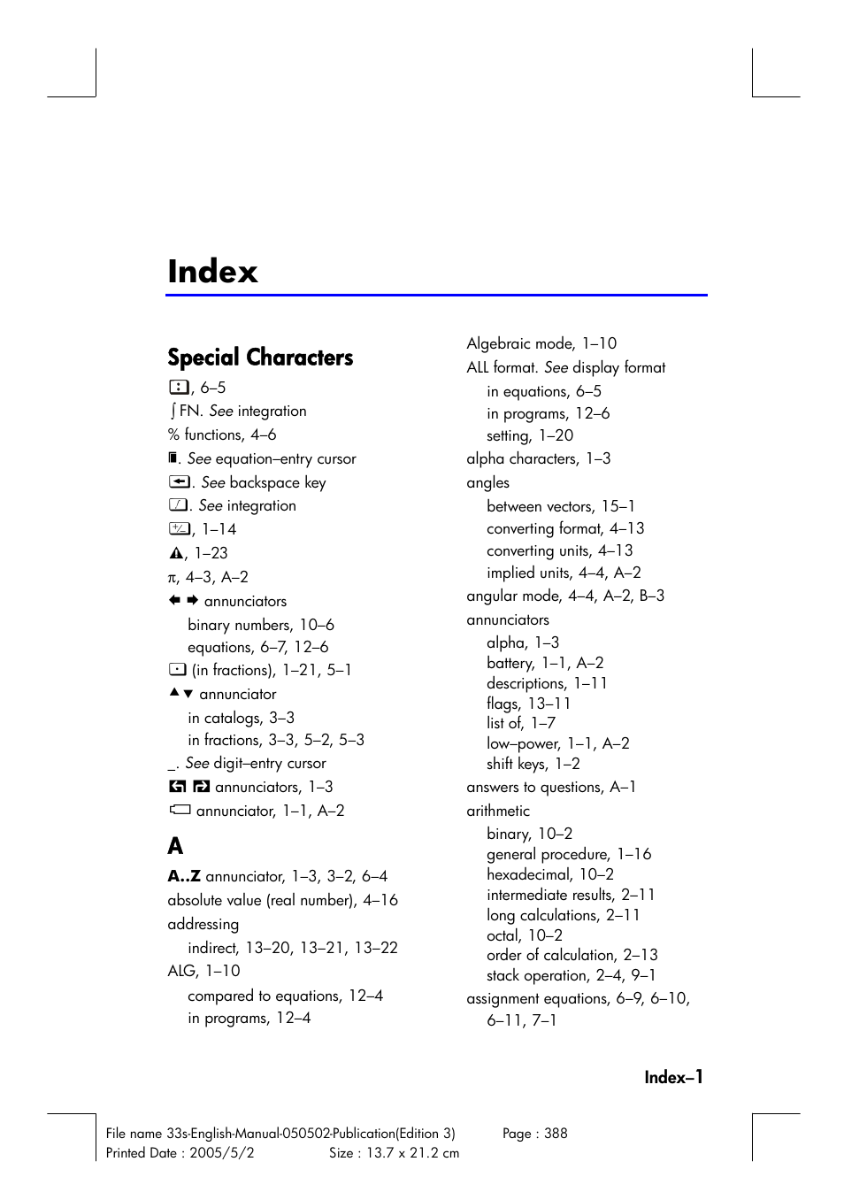 Index, Special characters | HP 33s User Manual | Page 373 / 387