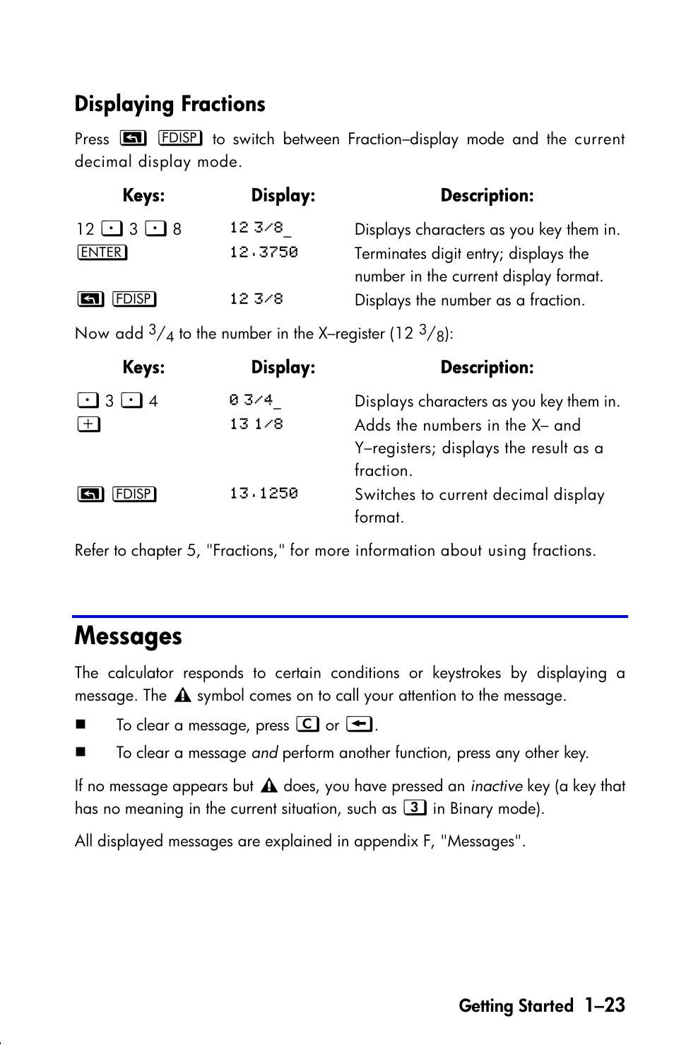 Displaying fractions, Messages | HP 33s User Manual | Page 39 / 387