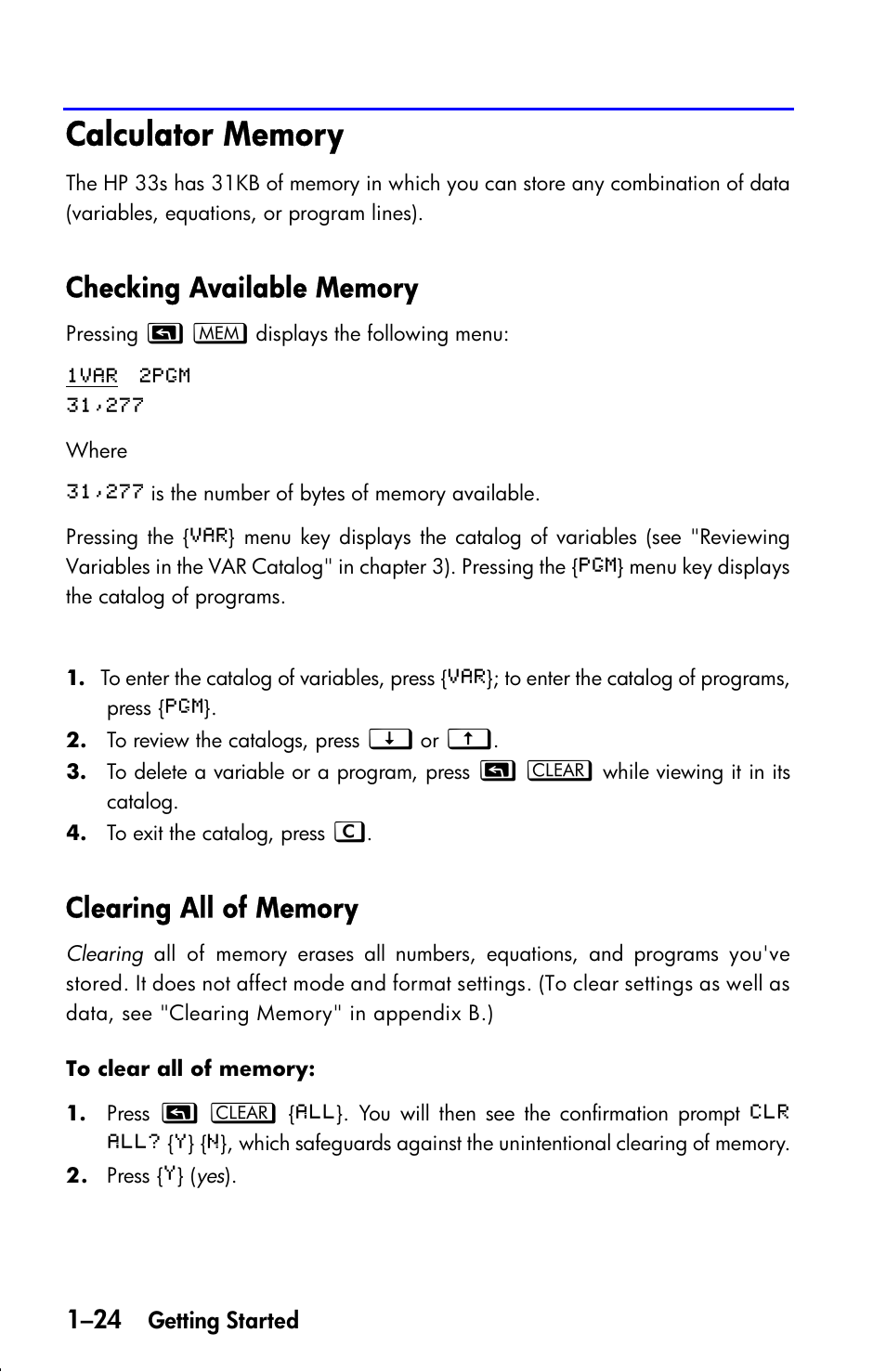 Calculator memory, Checking available memory, Clearing all of memory | HP 33s User Manual | Page 40 / 387