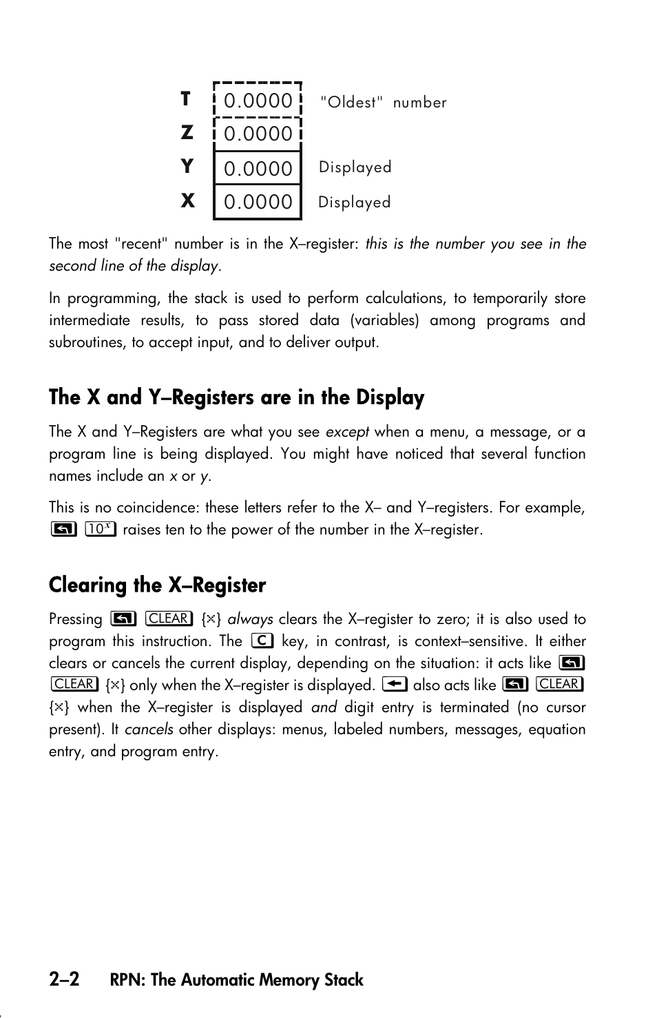 The x and y–registers are in the display, Clearing the x–register | HP 33s User Manual | Page 42 / 387