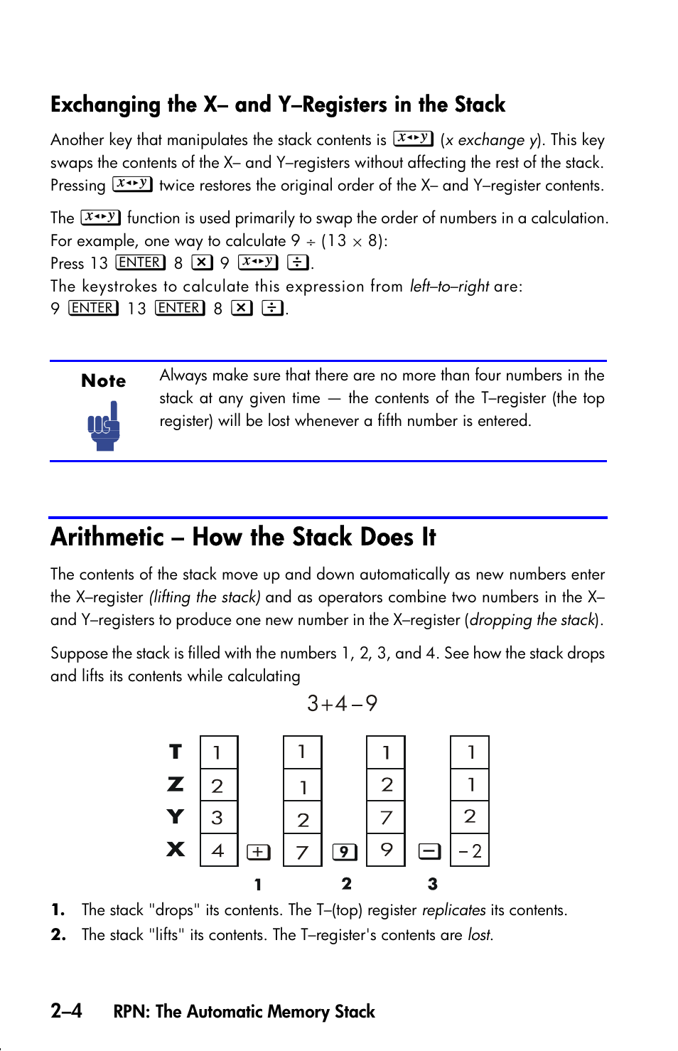 Exchanging the x– and y–registers in the stack, Arithmetic – how the stack does it | HP 33s User Manual | Page 44 / 387