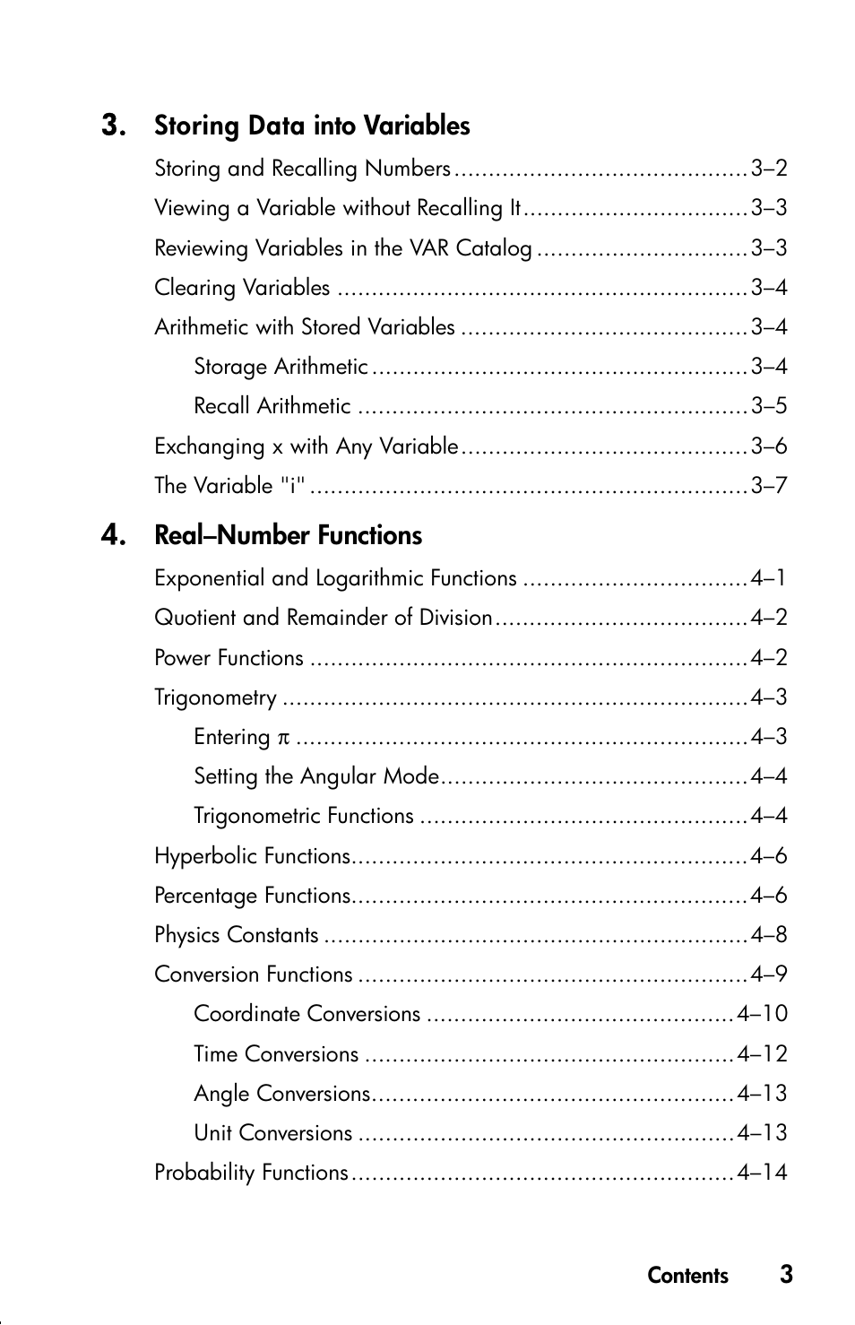 Storing data into variables, Real–number functions | HP 33s User Manual | Page 5 / 387