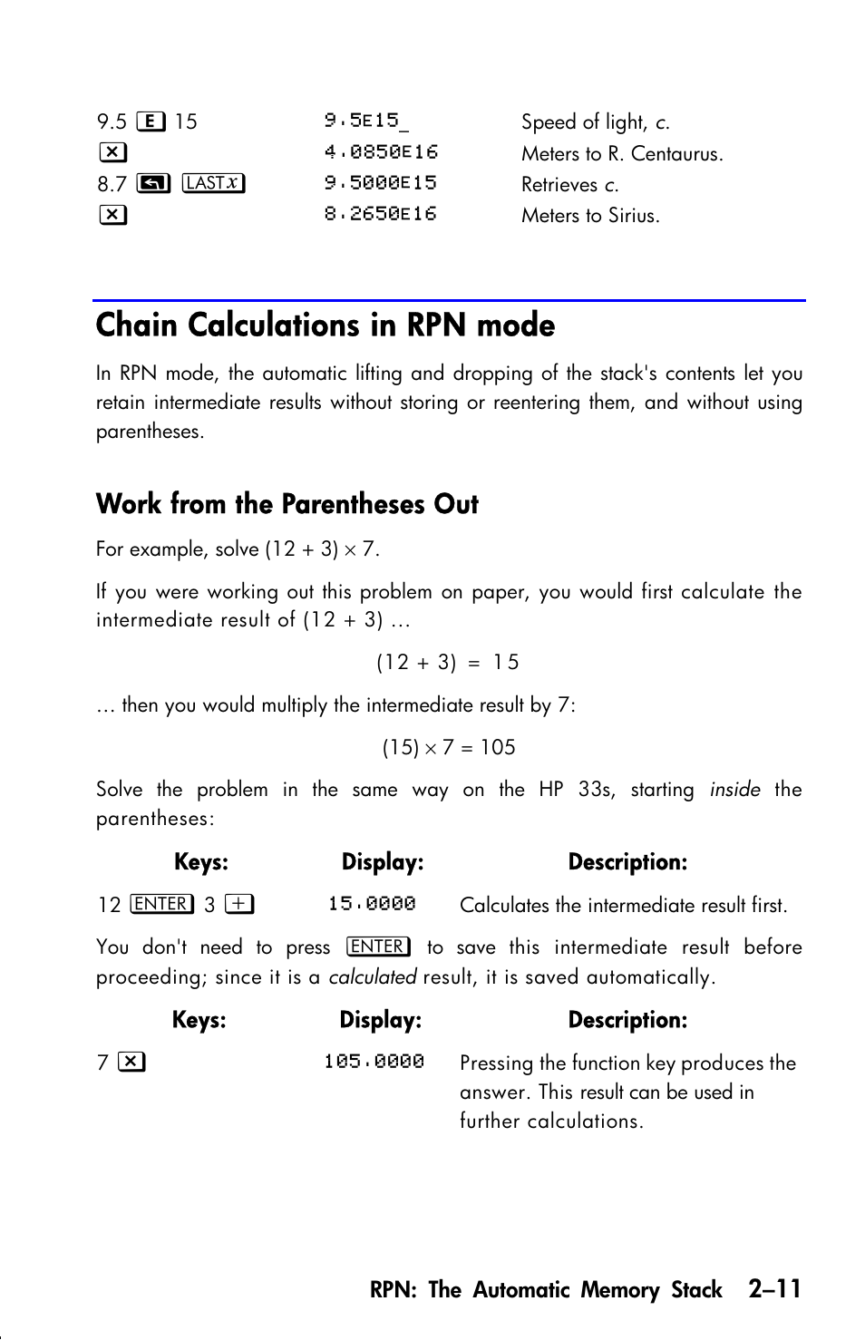 Chain calculations in rpn mode, Work from the parentheses out | HP 33s User Manual | Page 51 / 387