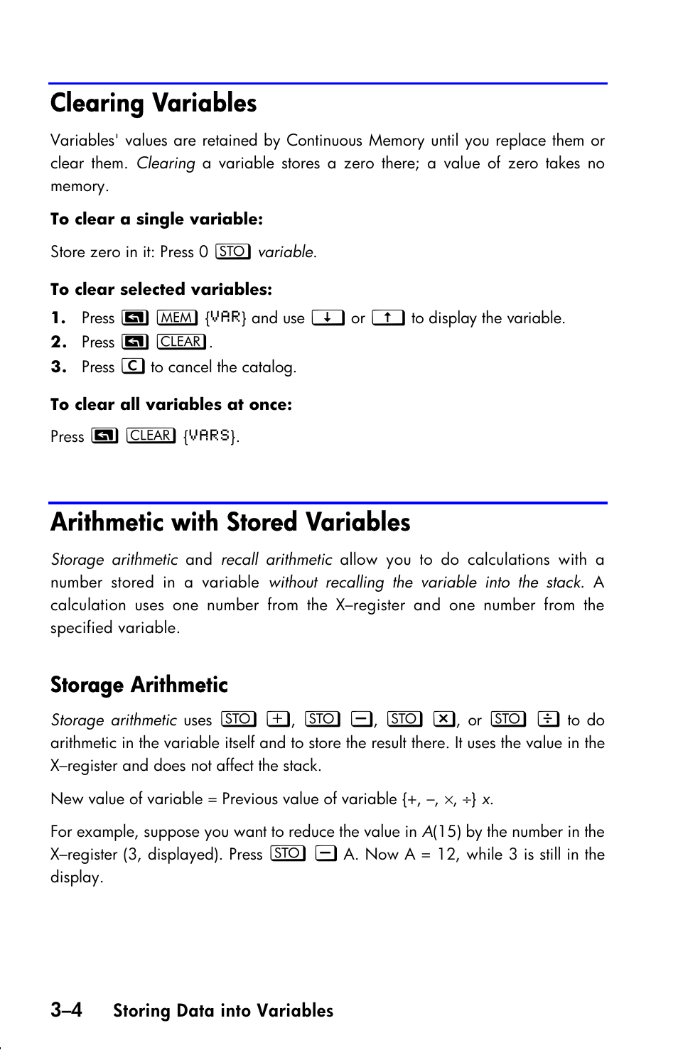 Clearing variables, Arithmetic with stored variables, Storage arithmetic | HP 33s User Manual | Page 60 / 387